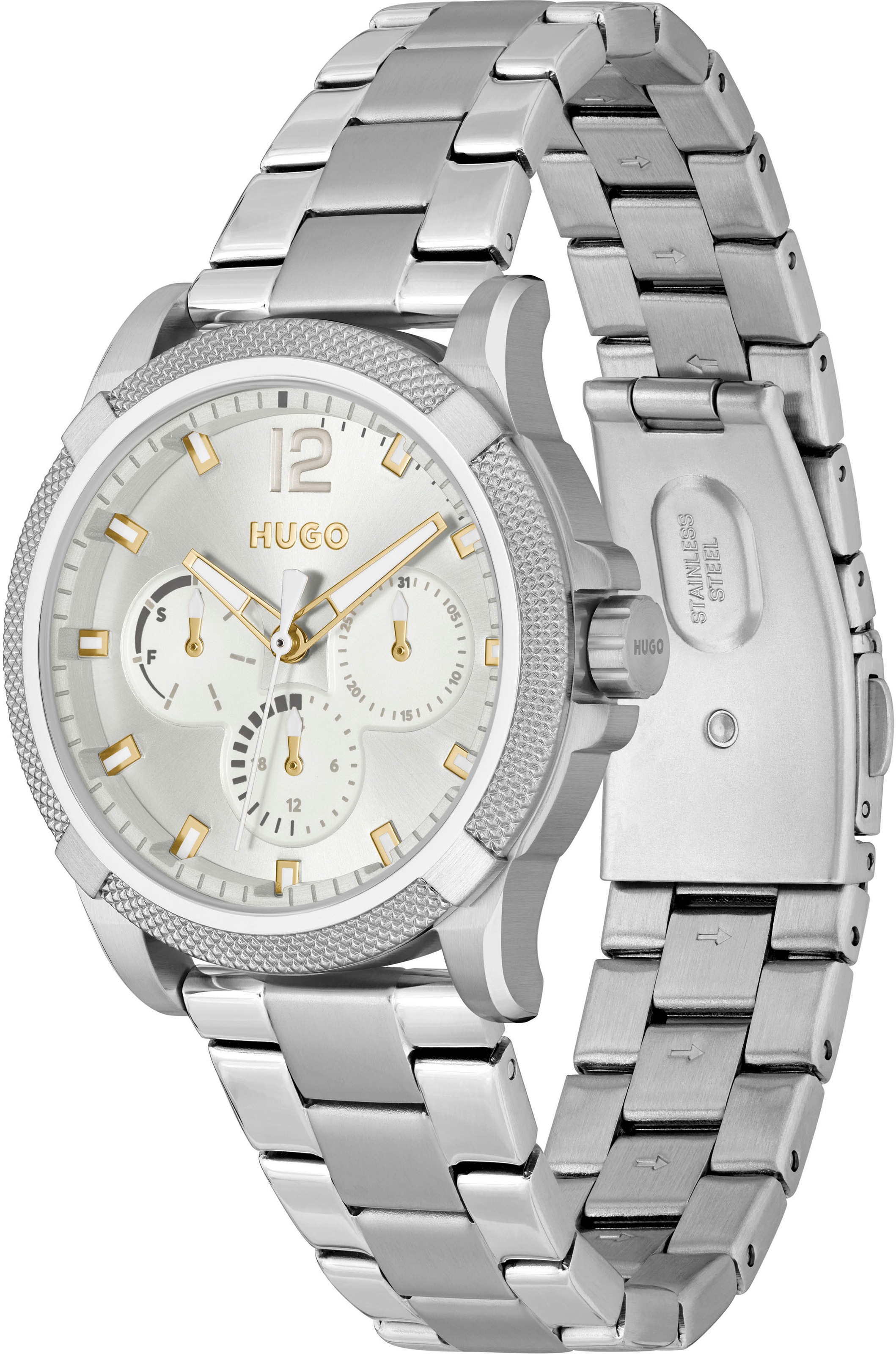 HUGO Multifunktionsuhr »#IMPRESS - FOR HER, 1540138«, Quarzuhr, Armbanduhr, Damenuhr, Herrenuhr, Edelstahlarmband