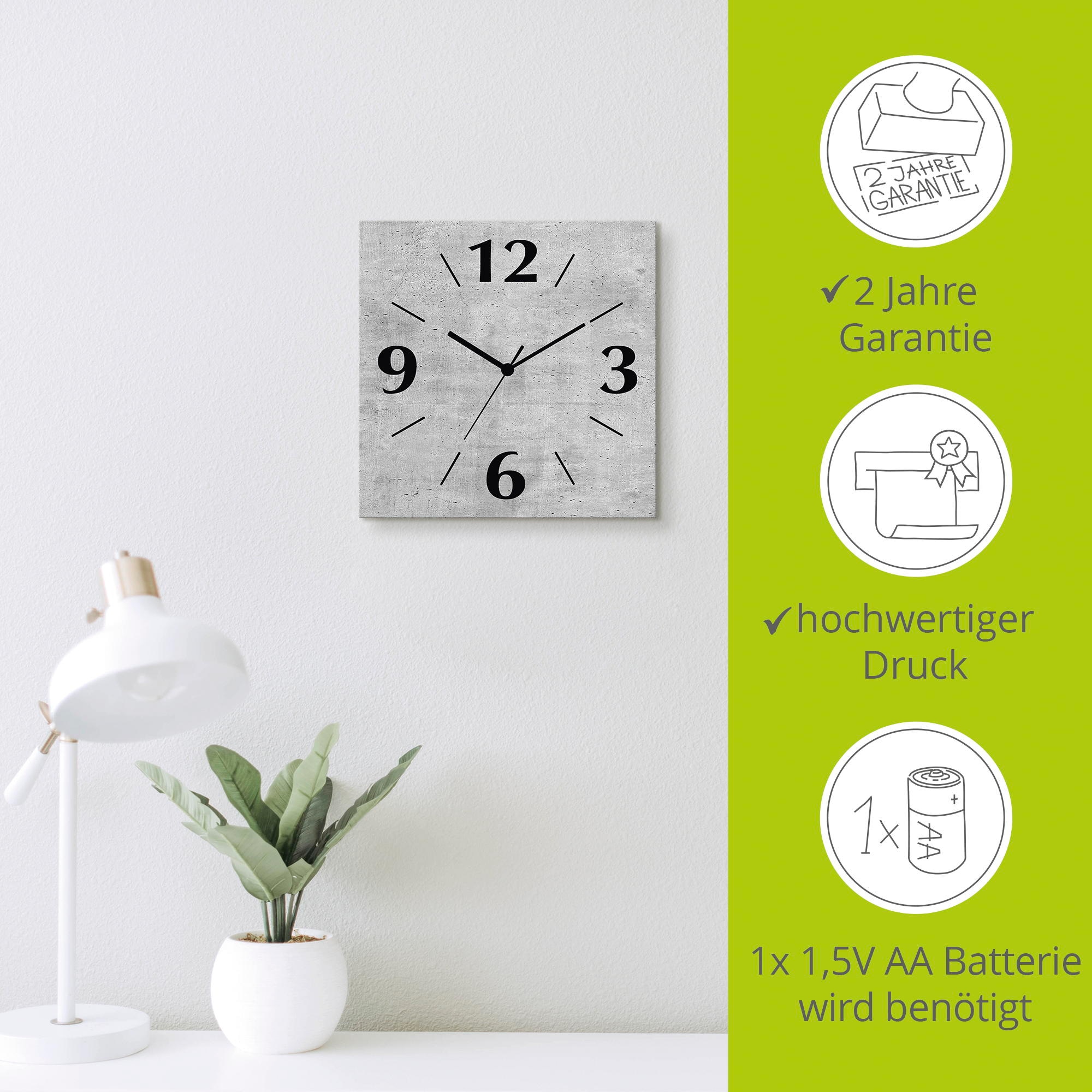 Artland Wanduhr »Grauer Beton« wahlweise mit Quarz- oder Funkuhrwerk, lautlos ohne Tickgeräusche