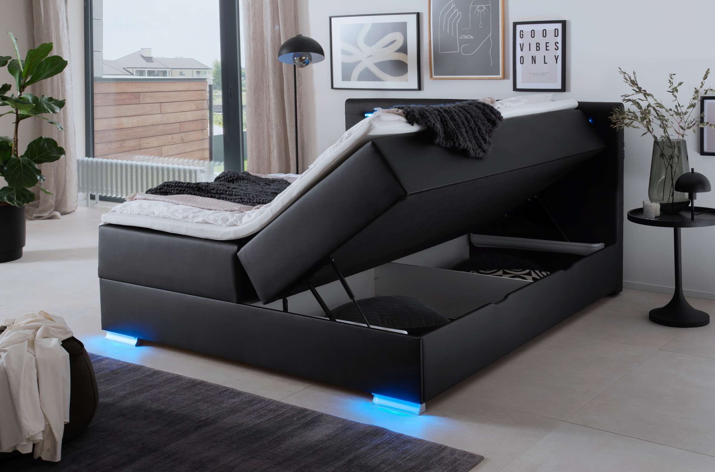 meise.möbel Boxspringbett »Las Vegas«, Füße und Kopfteil mit LED-Beleuchtung, mit Bettkasten und Topper