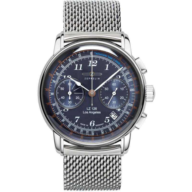 ZEPPELIN Chronograph »LZ 126 Los Angeles« Armbanduhr, Herrenuhr, Datum, Made in Germany silberfarben-blau Exquisiter Herrenchronograph