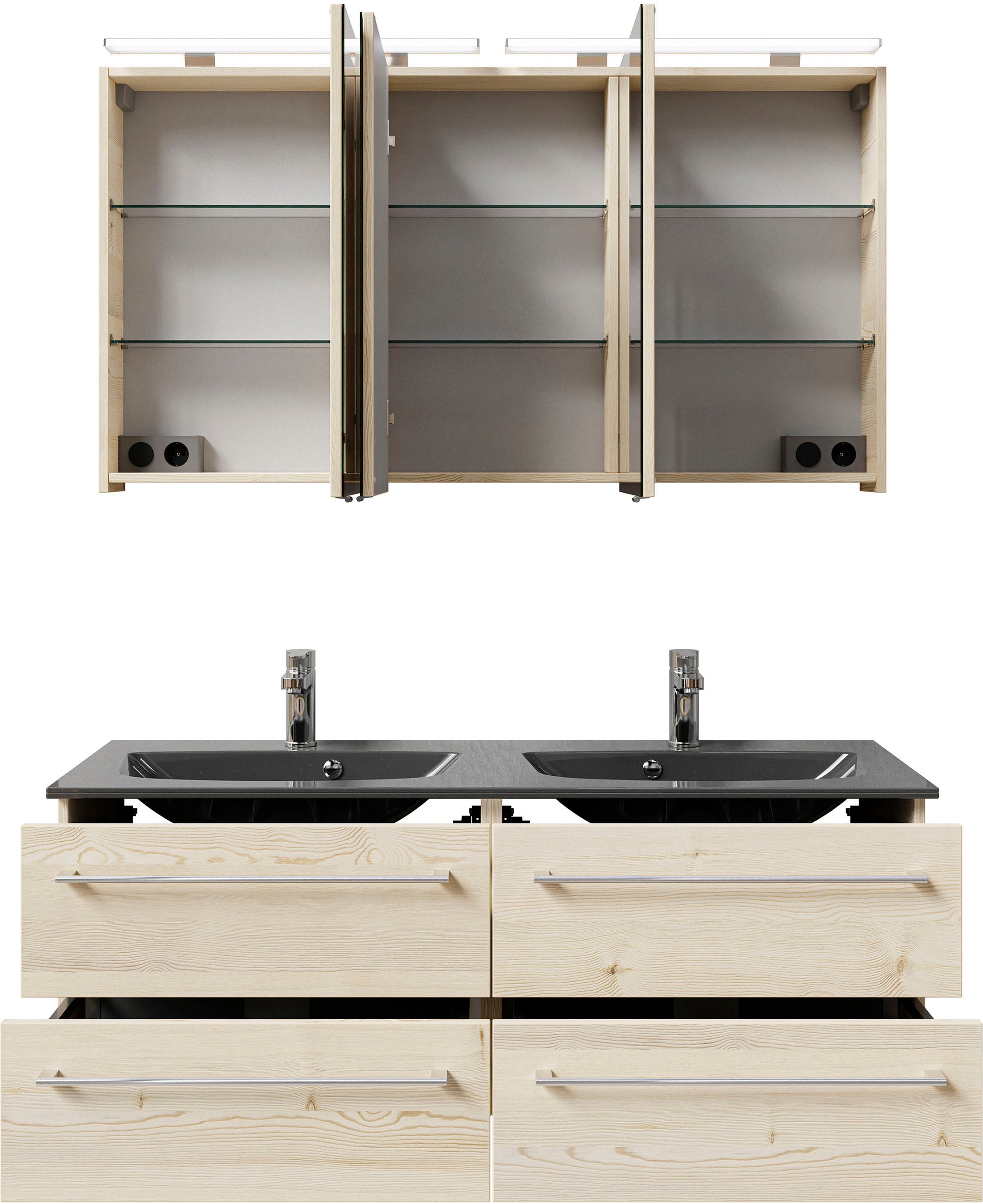Saphir Badmöbel-Set »Serie 6025 2-teilig Mineralmarmor-Waschtisch mit LED-Spiegelschrank«, (2 St.), Waschplatz 132cm breit, 4 Schubladen, 2 Spiegel-Türen, inkl Türdämpfer