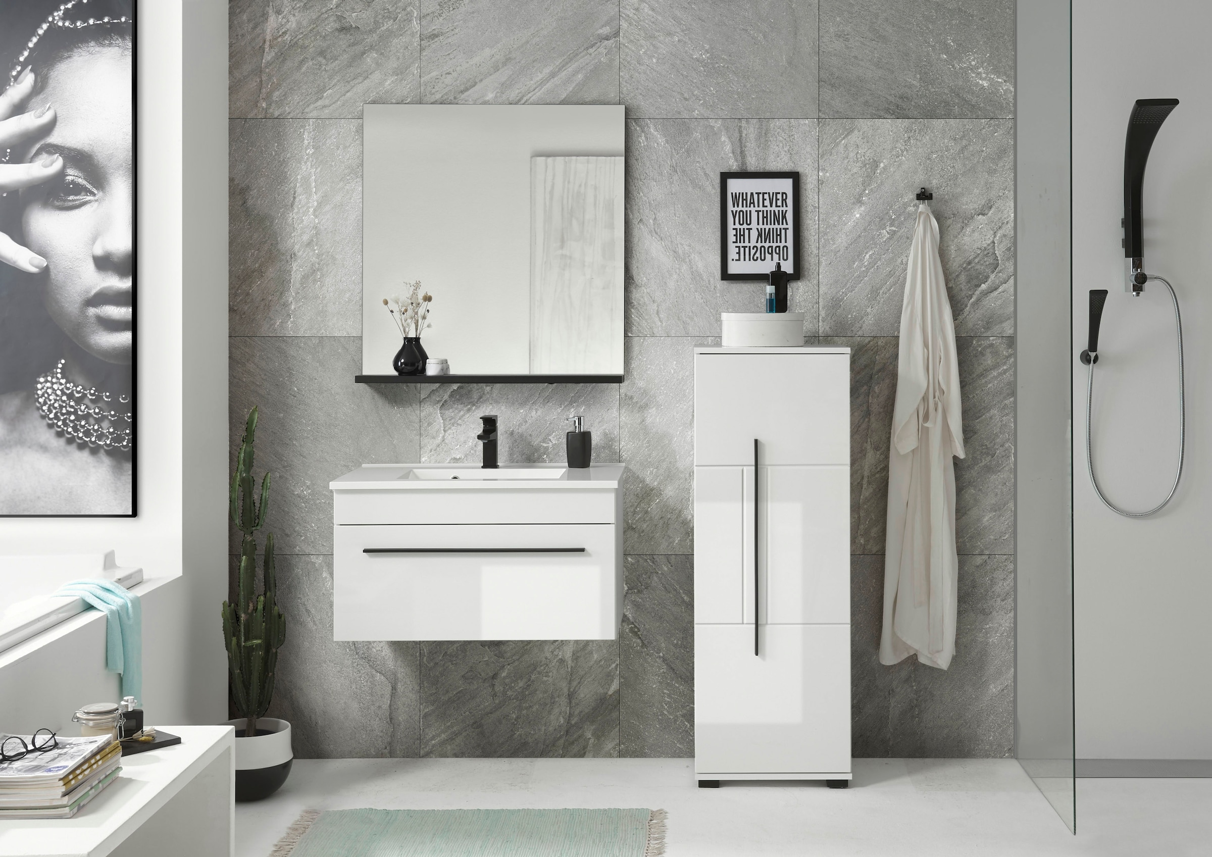 INOSIGN Midischrank »Cantara, Badschrank in Hochglanz Weiß, Schrank im modernen Design«, mit schwarzen Griffen, ausreichend Stauraum