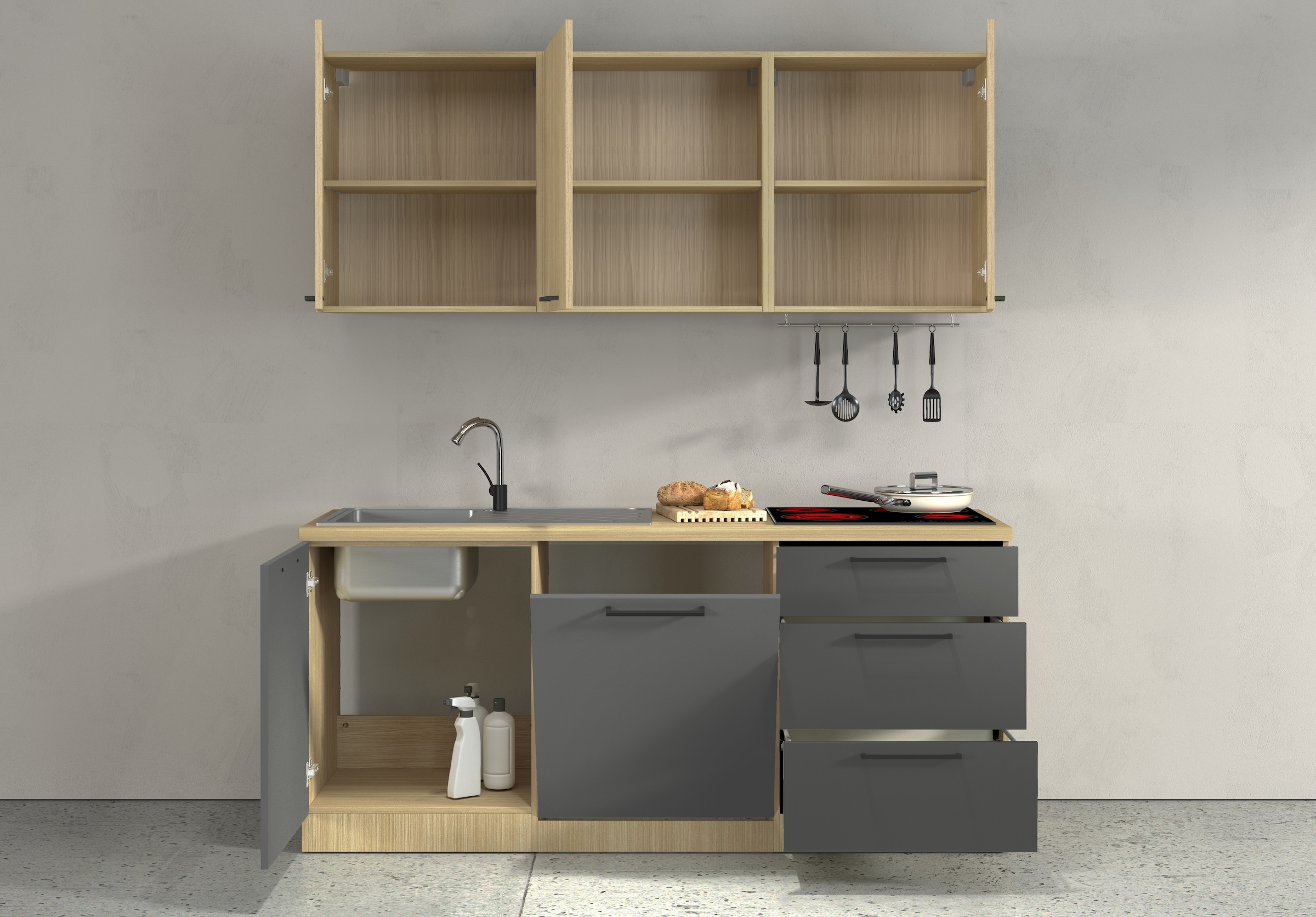 KOCHSTATION Küchenzeile »Luna, Küchenzeile mit Spüle + Siphon, ohne E-Geräte« Breite 182 cm,Türen mit Soft-Close Funktion, Metalgriffe,Made in Italy