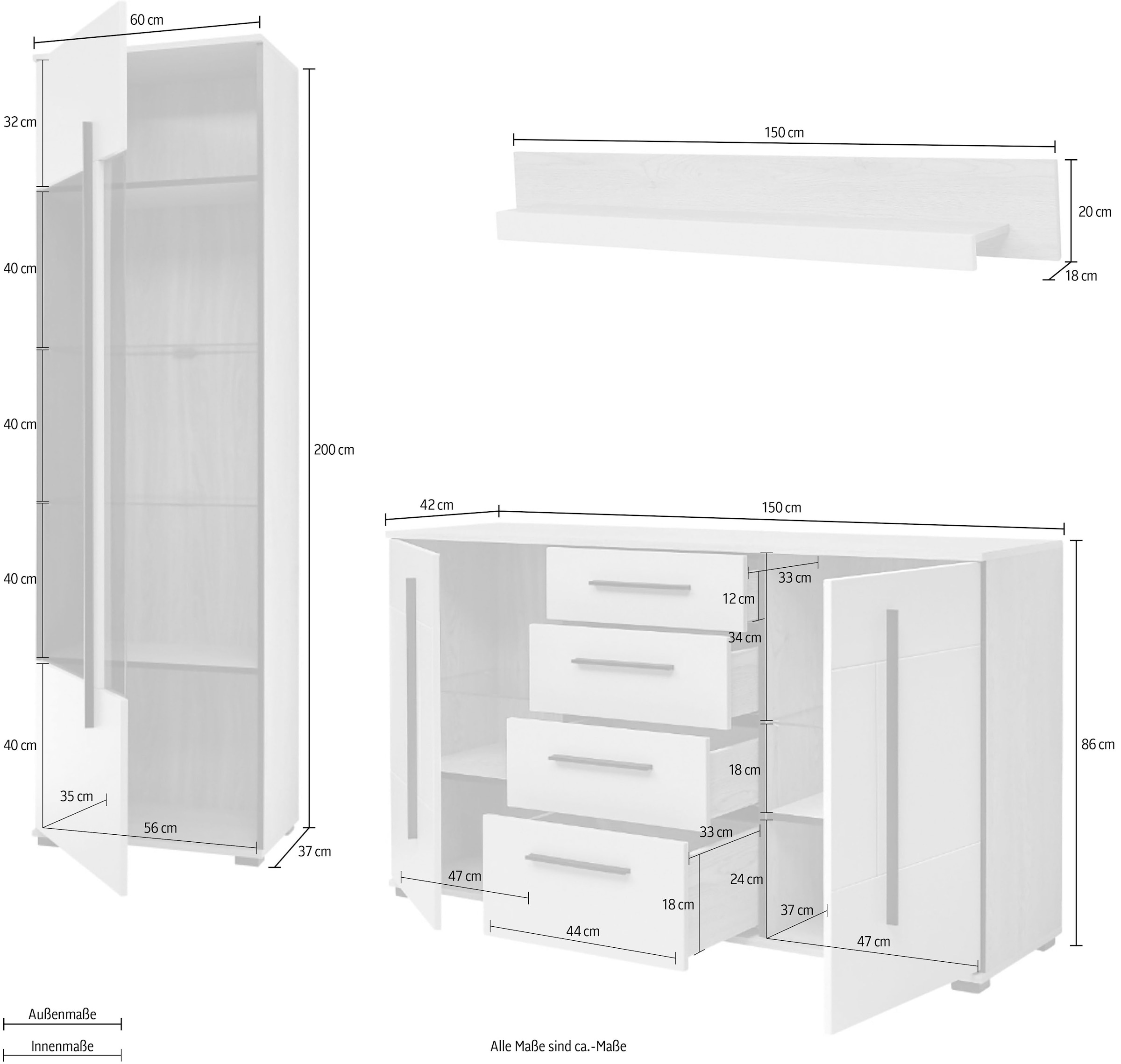 Home affaire Wohnwand »Cantara, Anbauwand, Wohnzimmer-Set, in Eiche Evoke, Weiß oder Kaschmir« Set, 