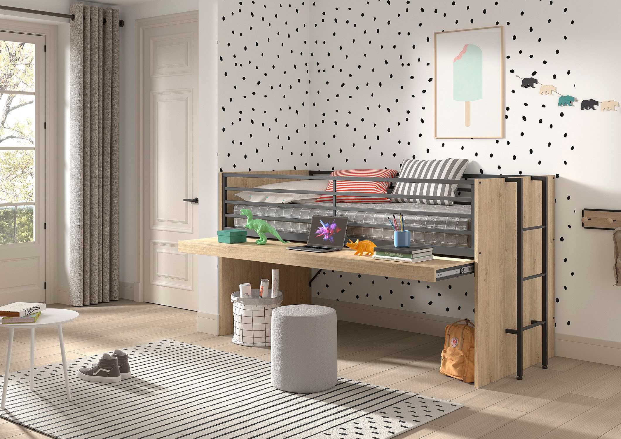 Vipack Stauraumbett »Sam, schlafen und arbeiten in einem, wahlweise Eiche- oder Weiß-Dekor« Liegefläche 90x200 cm, darunter eine große ausziehbare Schreibplatte,  mit Absturzschutz, Leiter u. Stauraum, pflegeleichte Dekor Oberfläche