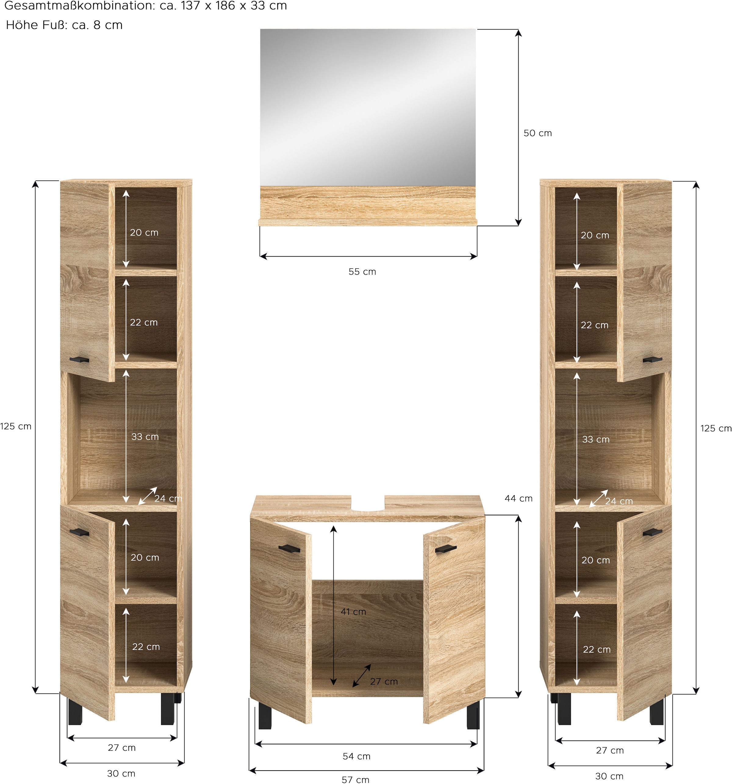 welltime Badmöbel-Set »Tampa, Breite 137cm, 4-teilig«, (4 St.), Waschbeckenunterschrank, Spiegel, Hochschrank