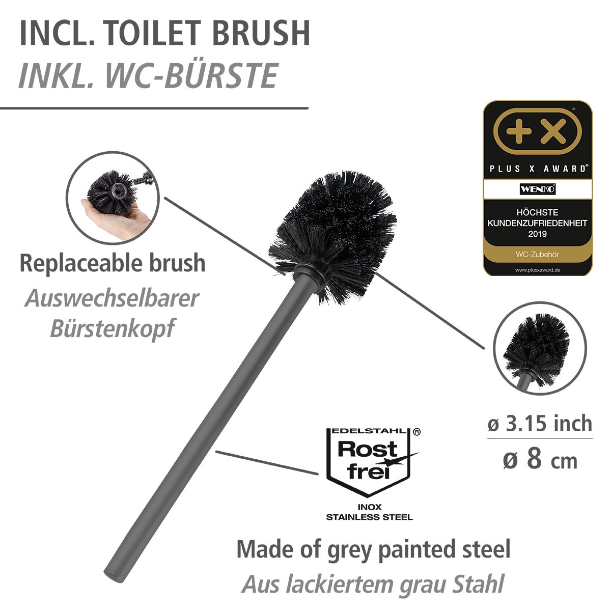 WENKO WC-Garnitur »Rivalta«, aus Stahl-Glas-Polypropylen, grau, Platte aus Sicherheitsglas