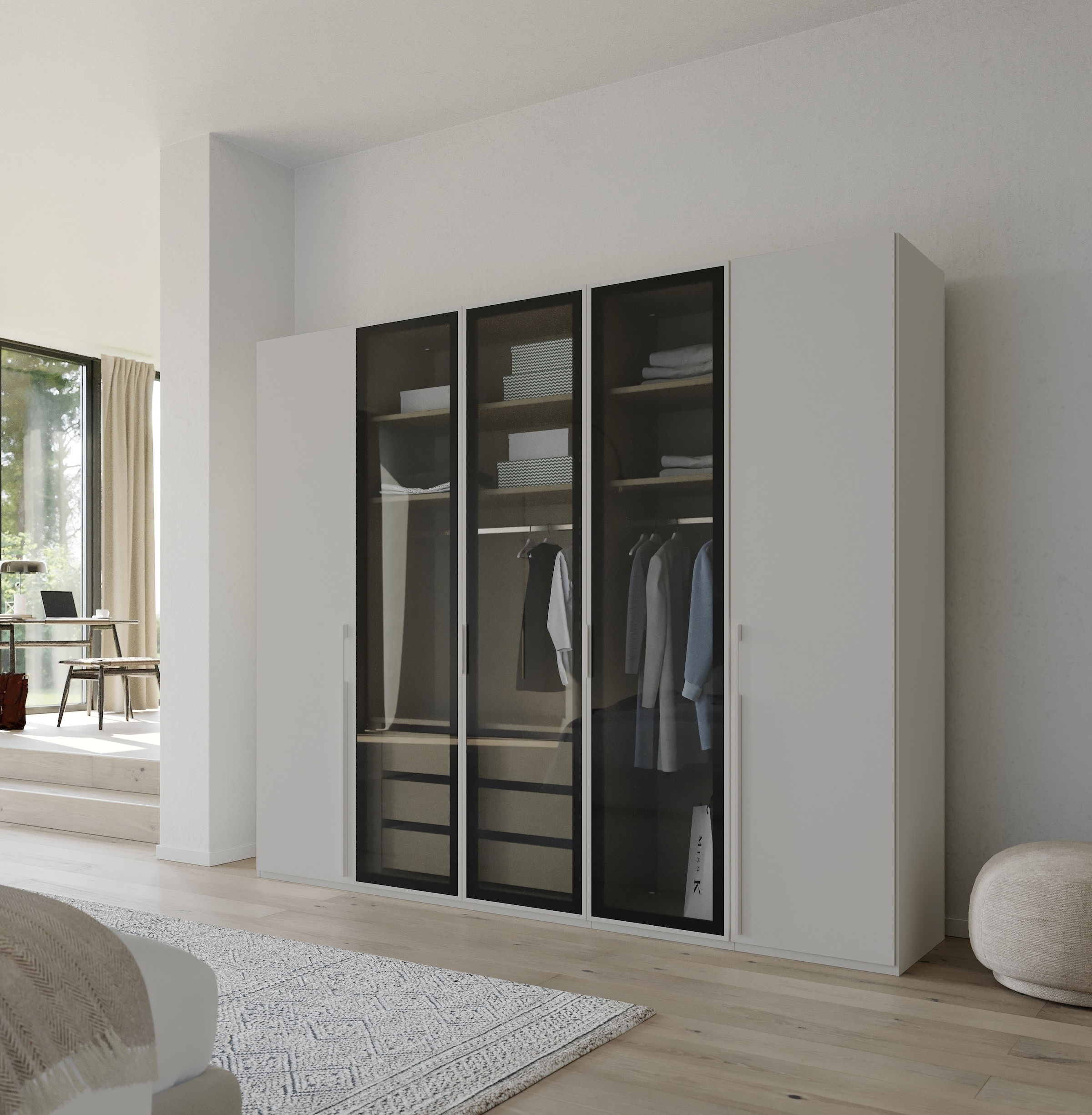 rauch Drehtürenschrank »Kleiderschrank Schrank Garderobe SKAT SHINE mit hochwertigem,«, transparentem Grauglas inkl. umfangreichem Zubehör MADE IN GERMANY