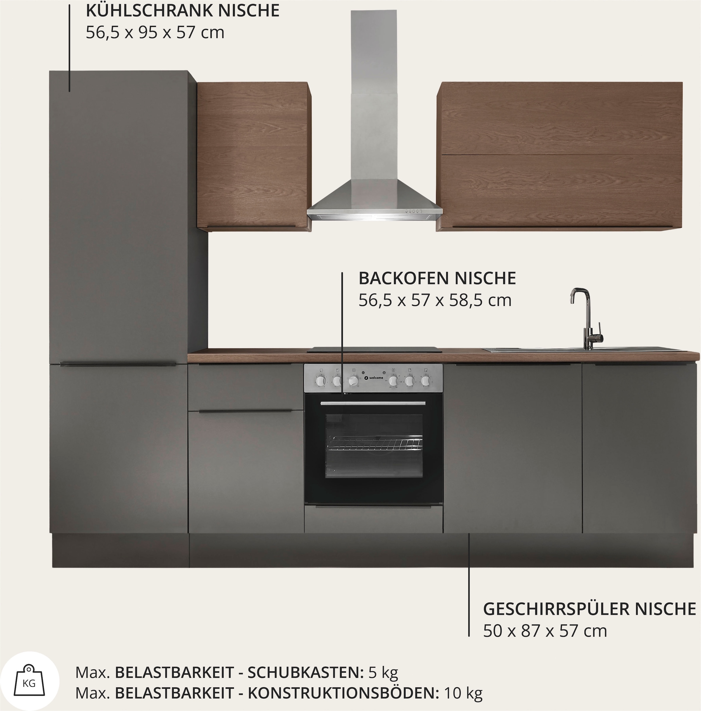 KOCHSTATION Küchenzeile »Cocco B/H/T 280x211x60 cm« Breite 280 cm, wahlweise mit E-Geräten und Induktion