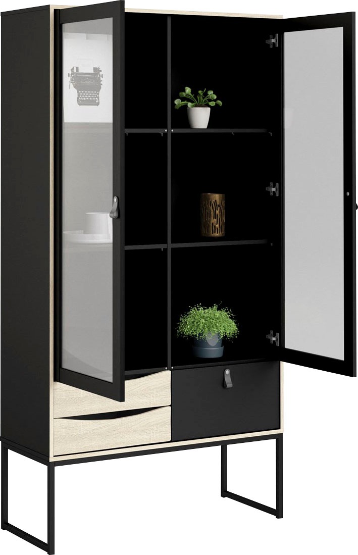 andas Vitrine »Stubbe«, Glasvitrine mit zwei Rahmentüren, 3 Schubkästen, Leder-Griffe