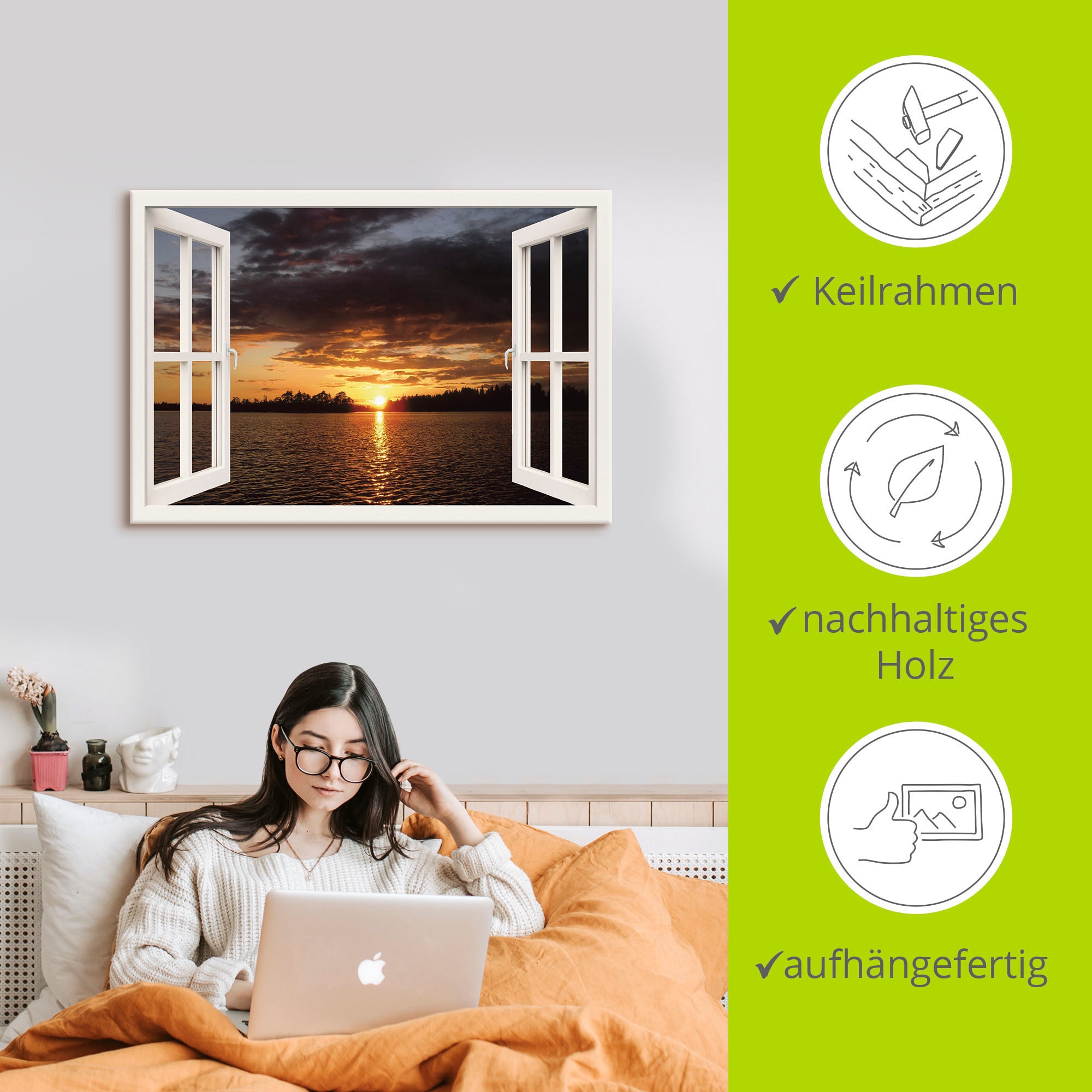 Artland Leinwandbild »Sonnenuntergang am See, weißes Fenster«, Seebilder, (1 St.), auf Keilrahmen gespannt