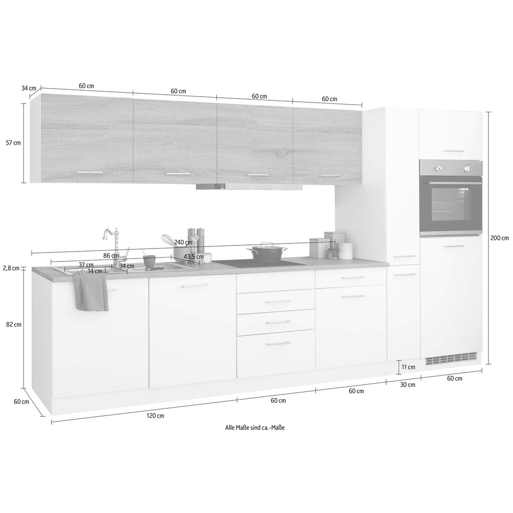 HELD MÖBEL Küchenzeile »Visby«, mit E-Geräten, Breite 330 cm inkl. Kühlschrank