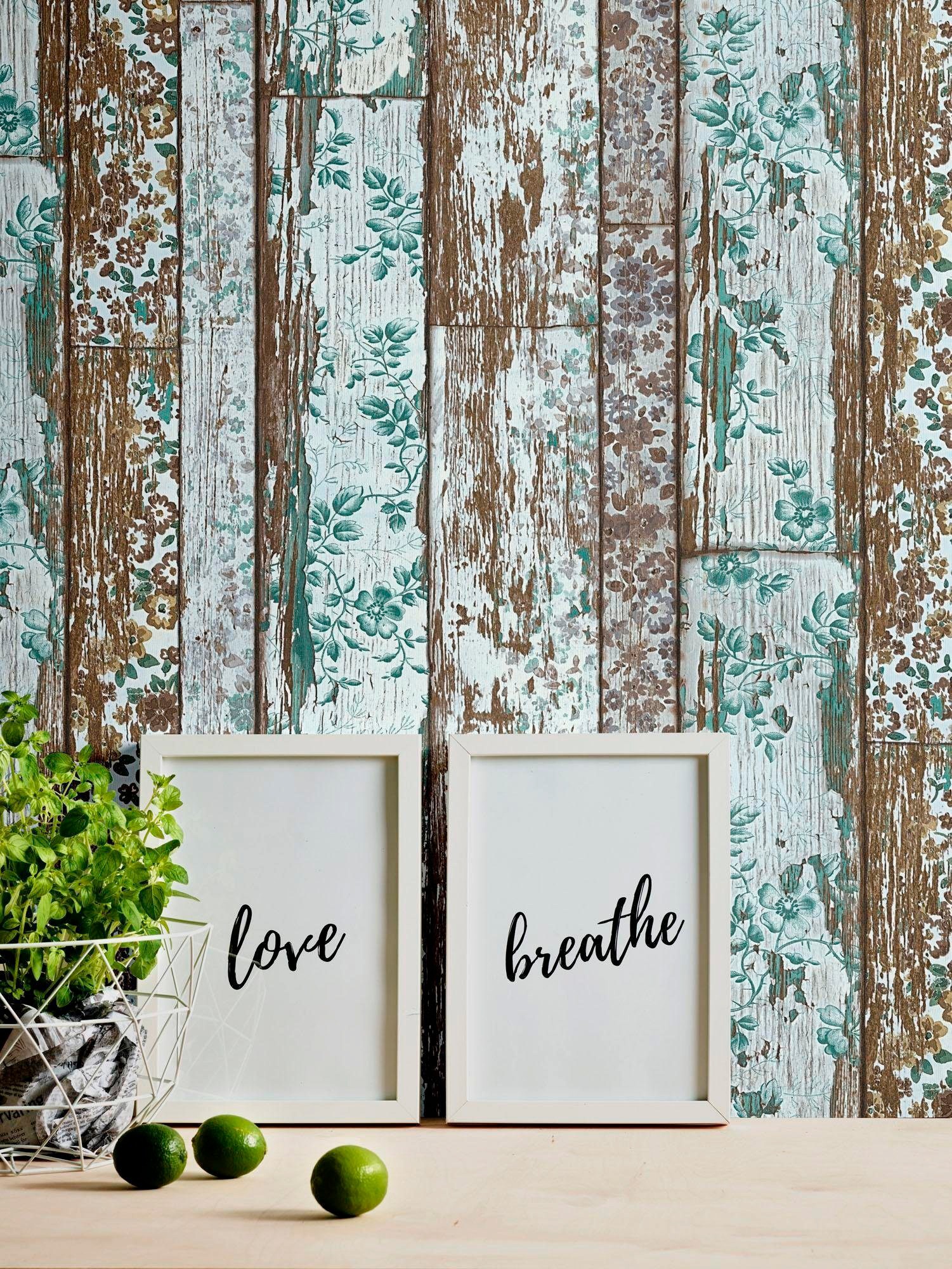 living walls Vliestapete »Neue Bude 2.0«, Holz-realistisch-gestreift, Floral Tapete Holzoptik Tapeten Wohnzimmer Schlafzimmer Küche Design