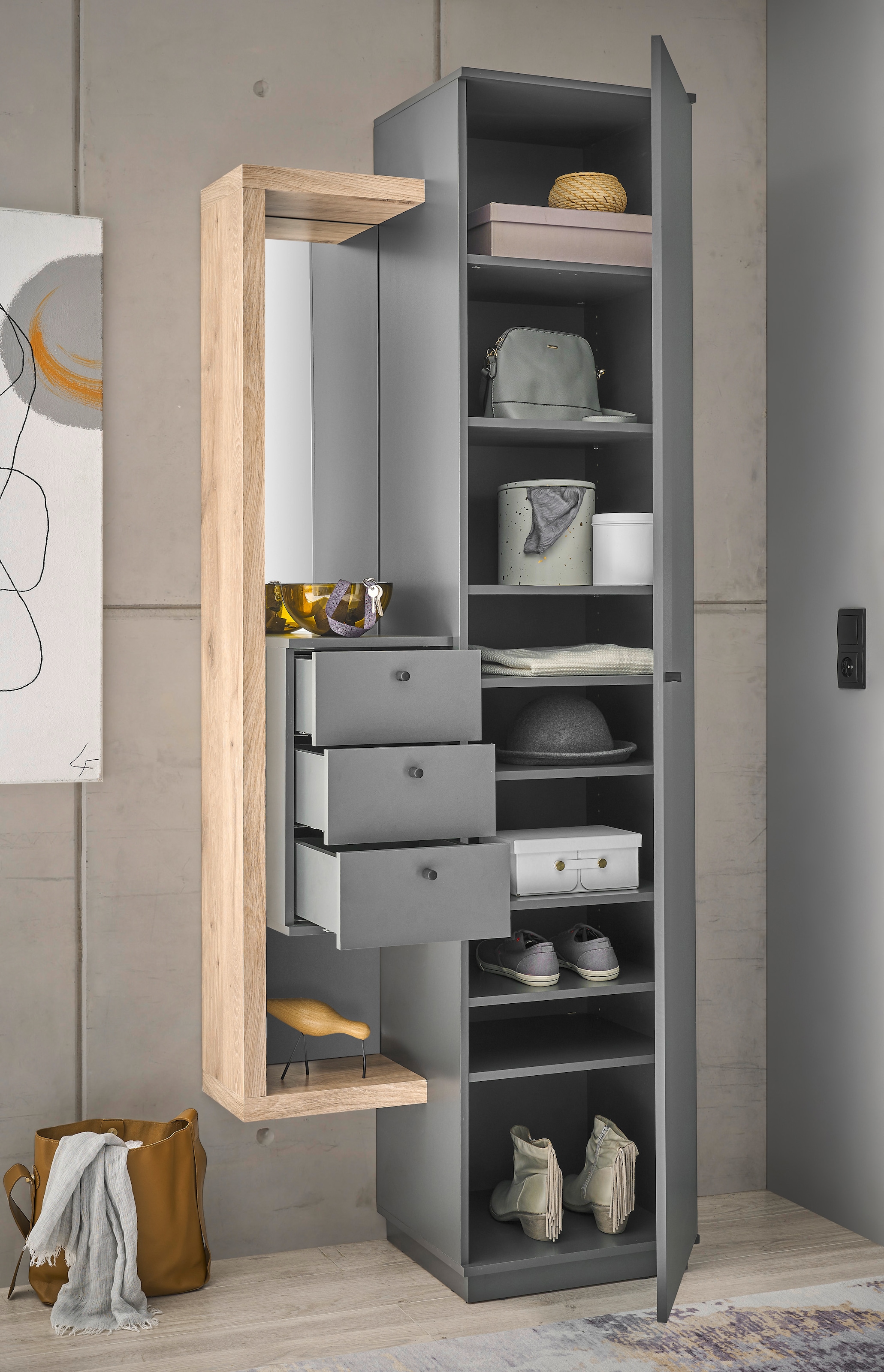 HBZ Garderobenschrank »Frame mit Spiegel, Flurgarderobe BxHxT 80x210x40 cm«, (1 St.), Mit 1 Tür, 1 Kleiderstange, 7 Einlegeböden, Kommode mit 3 Schubkästen