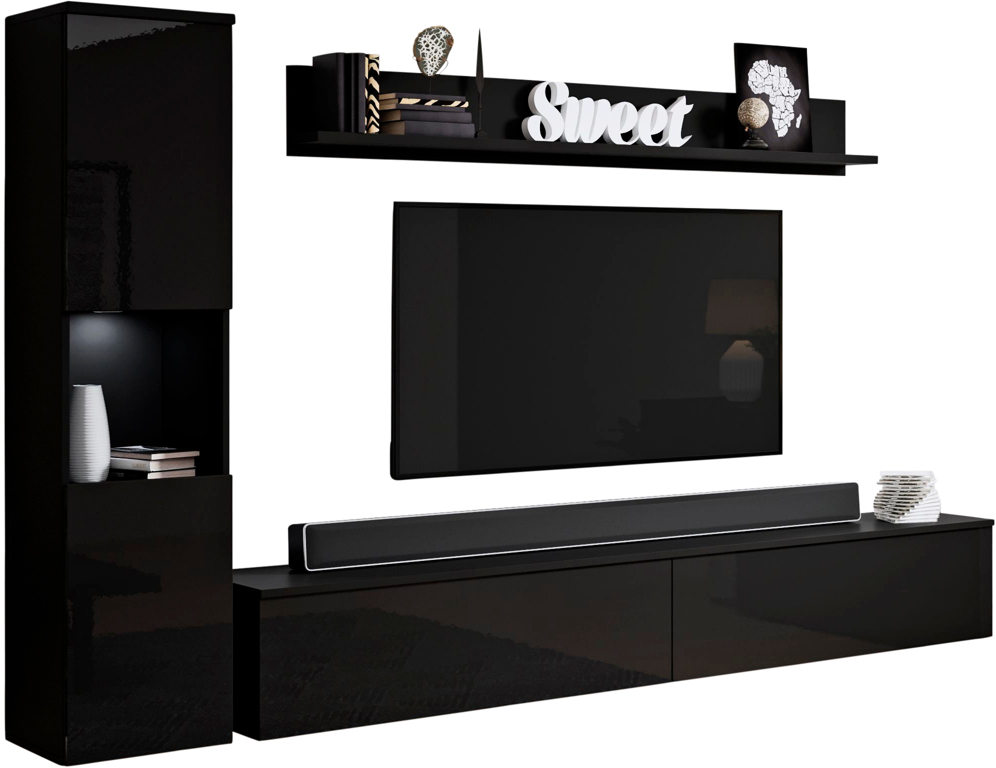 INOSIGN Wohnwand »PARIS«, (Komplett-Set, 3 St.), TV-Wand 220cm breite, grifflose Design, stehend und hängend montierbar