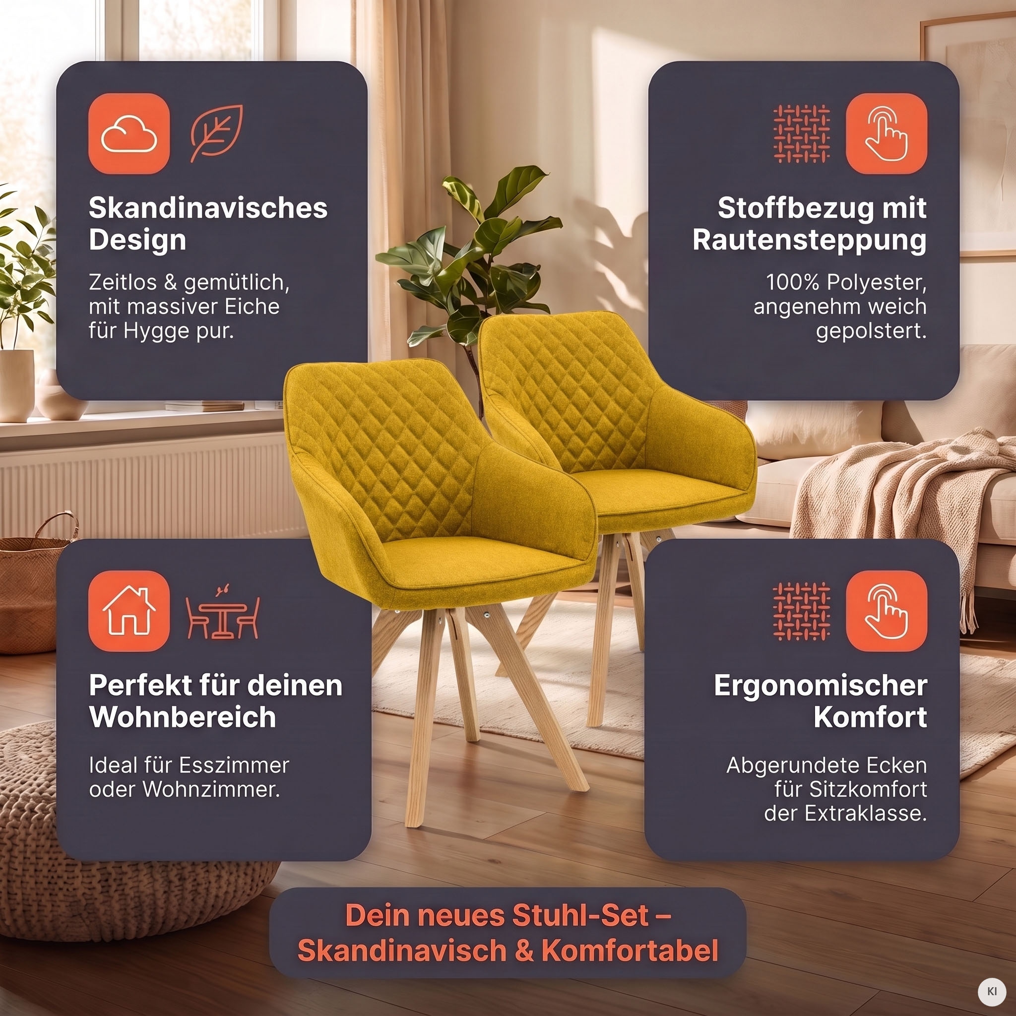 SalesFever Esszimmerstuhl »Bequemer Stuhl« (Set) 2 Stk.Elegantes 2er-Set, Rückenlehne mit Diamantsteppung