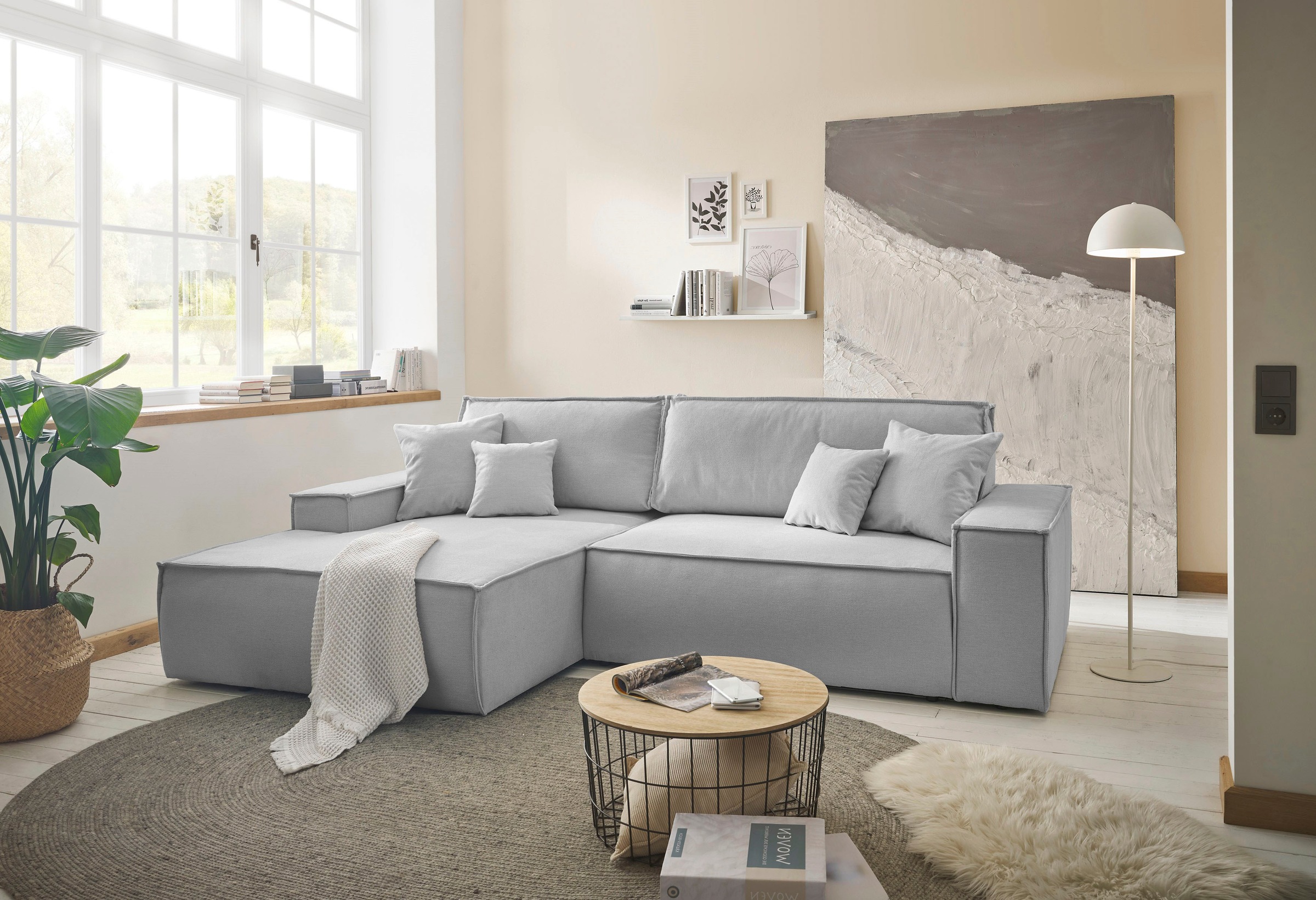 andas Ecksofa »Finnley Schlafsofa 267 cm in Bouclé, Struktur fein u. Cord, L-Form,«, Schlaffunktion m. Bettkasten (136/210 cm), Bouclé, Struktur und Cord