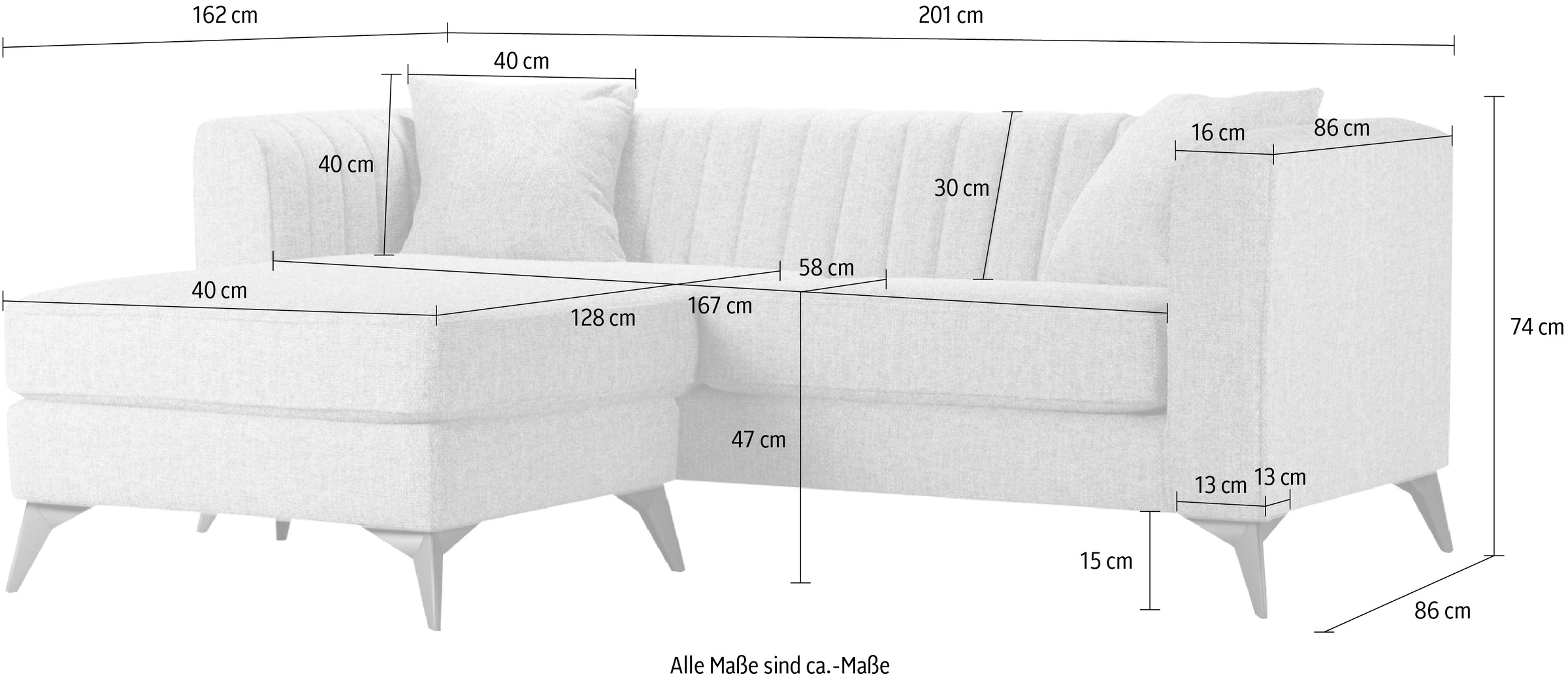 Home affaire Ecksofa »MATTHEW L-Form ideal für kleine Räume, Maße B/T/H: 201/162/74 cm« elegantes Designsofa, feine Steppung im Rücken, incl. Zierkissen