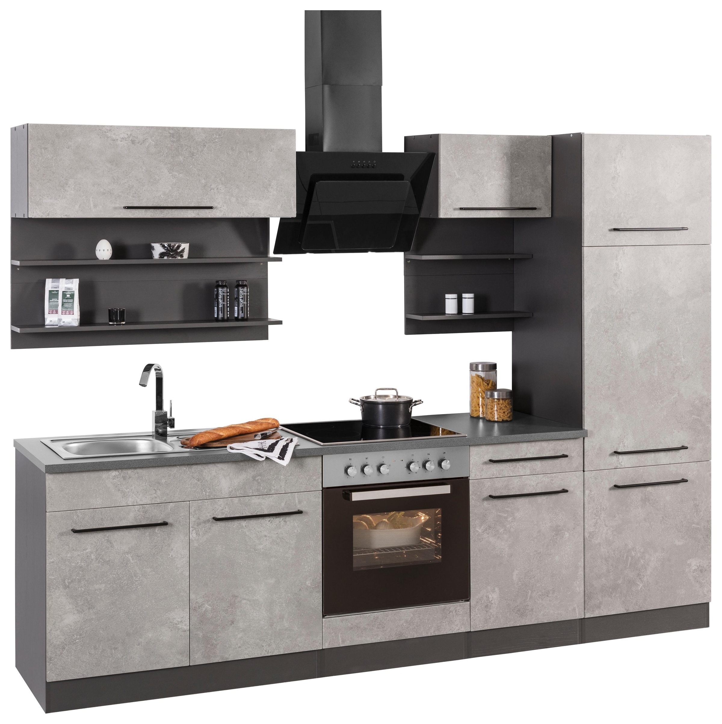 KOCHSTATION Küchenzeile »KS-Tulsa«, mit E-Geräten, Breite 270 cm, schwarze Metallgriffe, MDF Fronten