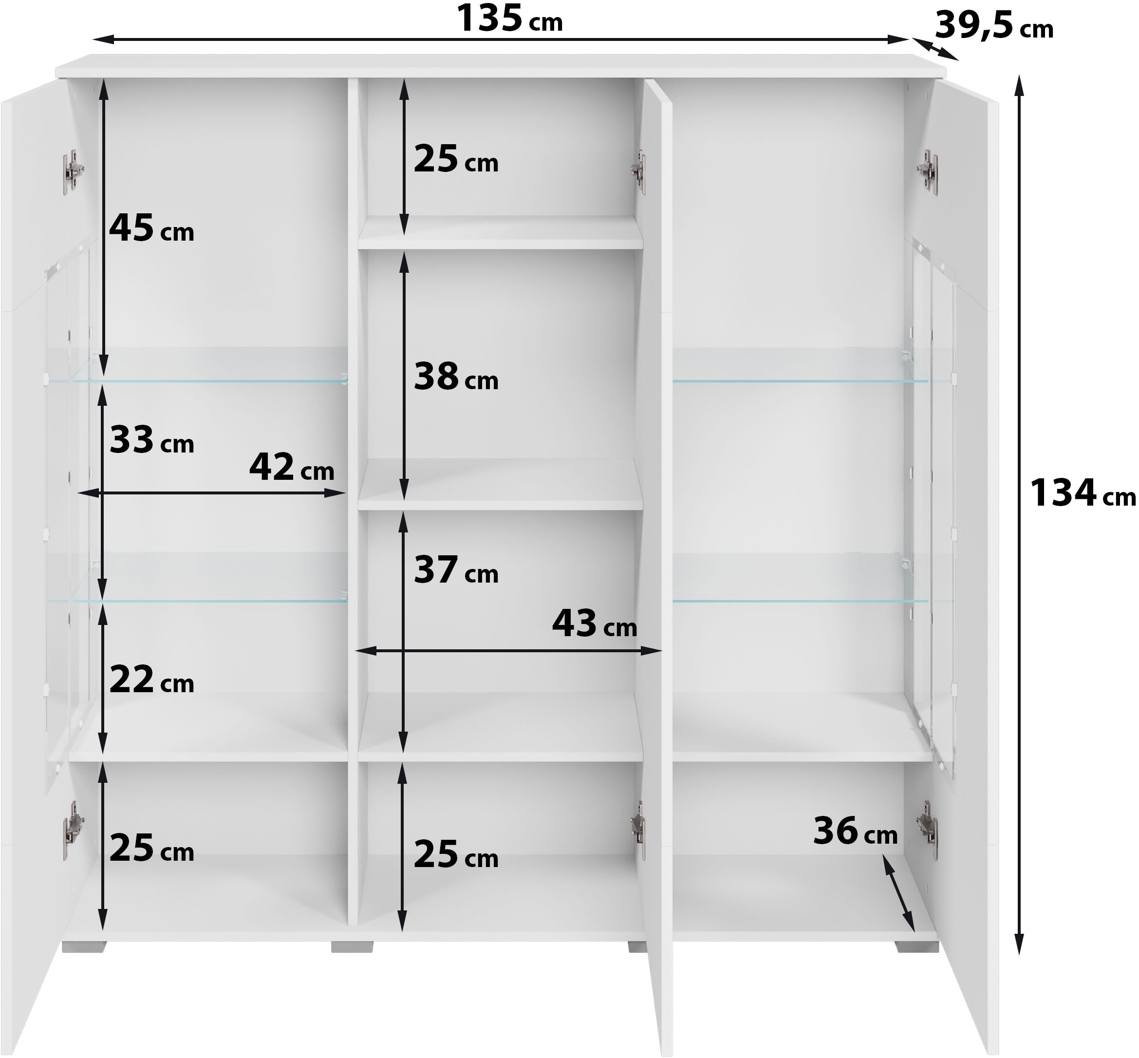 INOSIGN Highboard »Kenia«, (1 St.), Modernes Highboard, mit Glastüren, Breite 135 cm