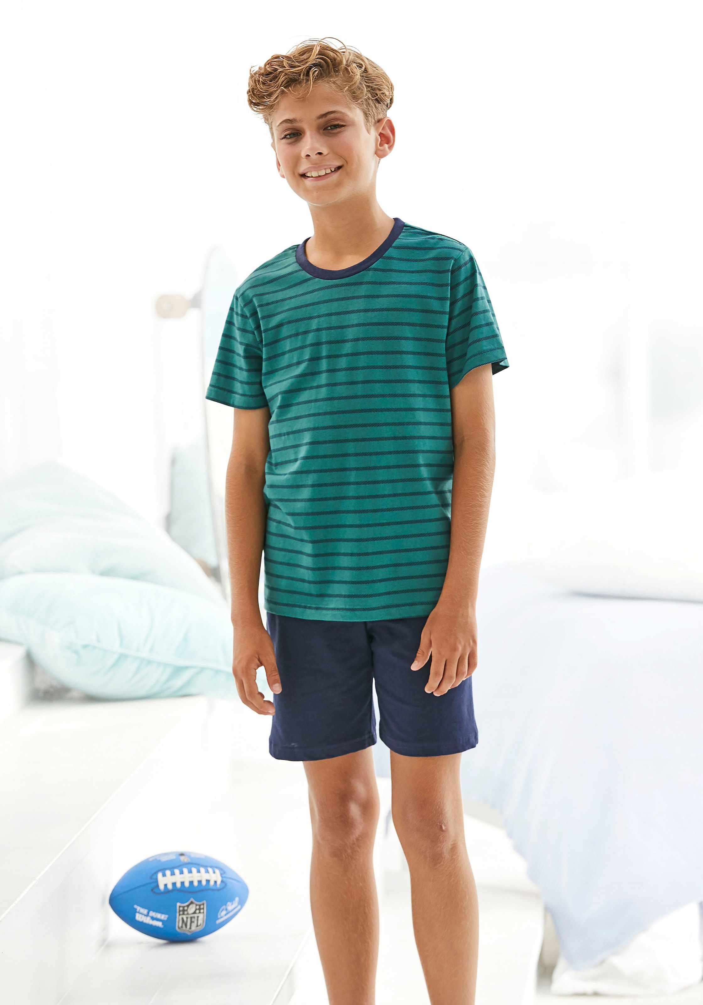 le jogger® Pyjama, (2 tlg., 1 Stück), Schlafanzug mit gestreiftem Oberteil