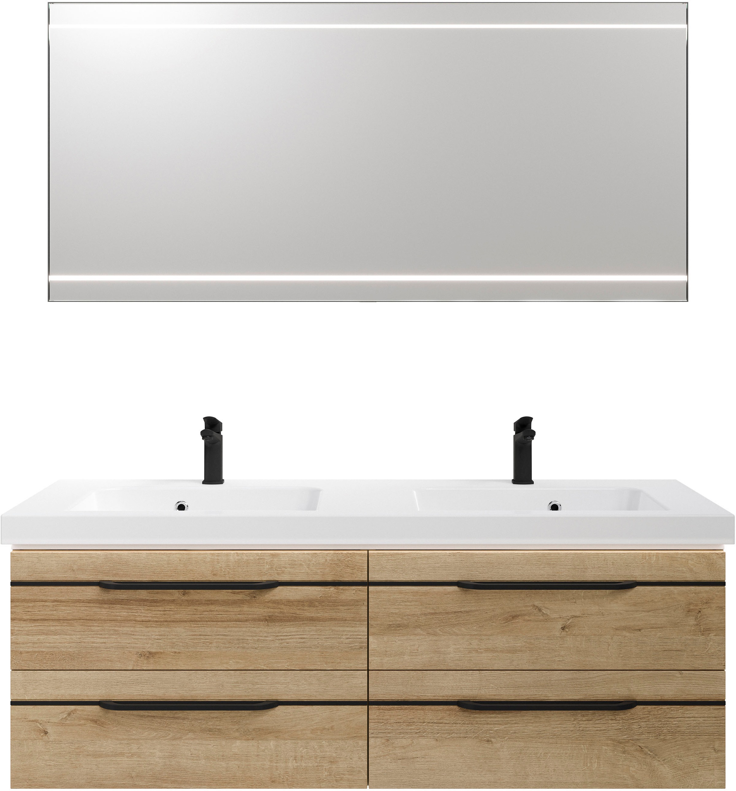 Saphir Badmöbel-Set »Balto 2-teilig Mineralmarmor-Doppelwaschtisch mit LED-Spiegel«, (2 St.), Waschplatz 150 cm breit, 4 Schubladen, inkl. Schubladendämpfer