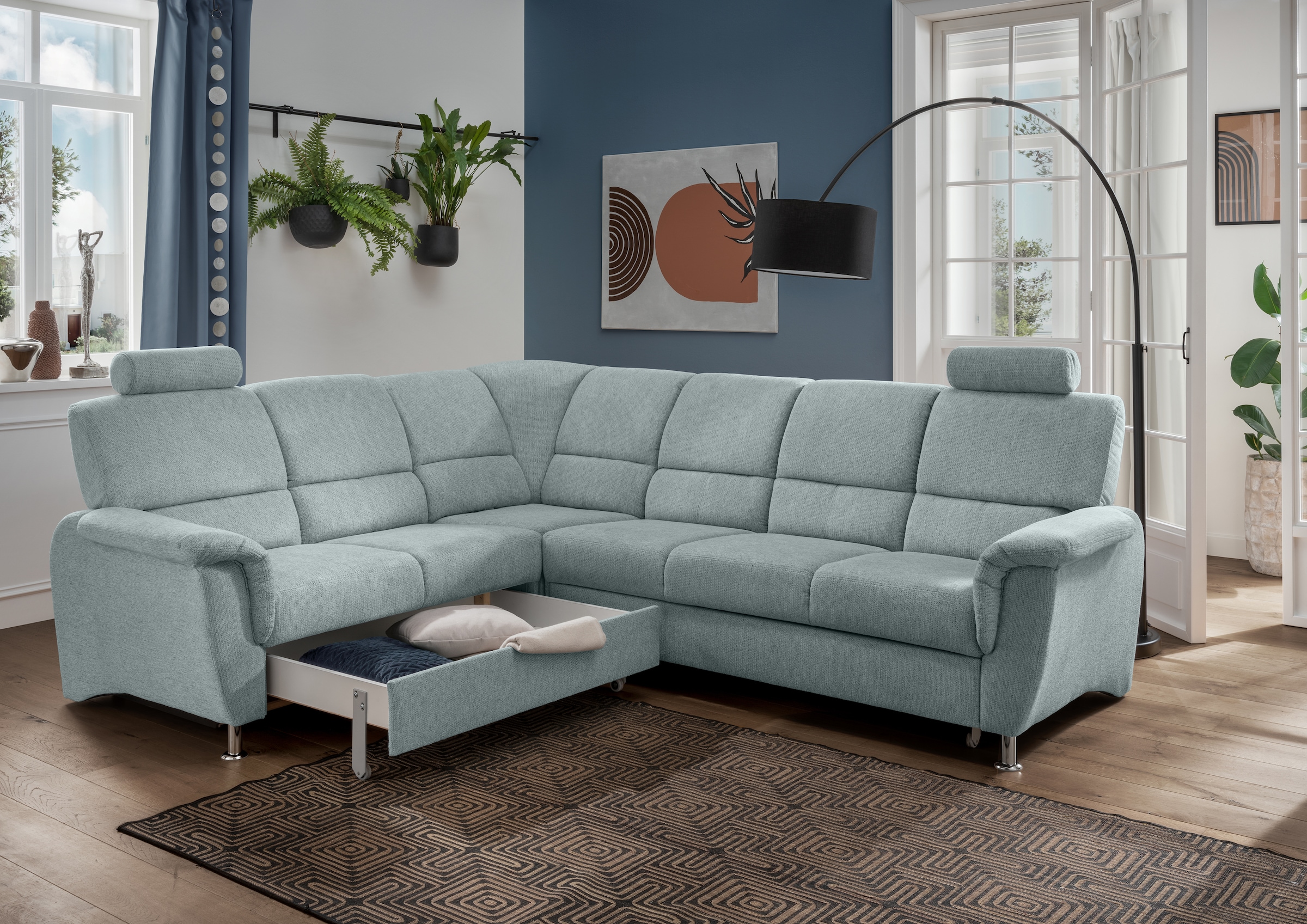 Home affaire Ecksofa »Pisa L-Form, mit Schlaffunktion, Stauraum, 2x höhenverstellbare«, Kopfstützen und Relaxfunktion im Eckelement
