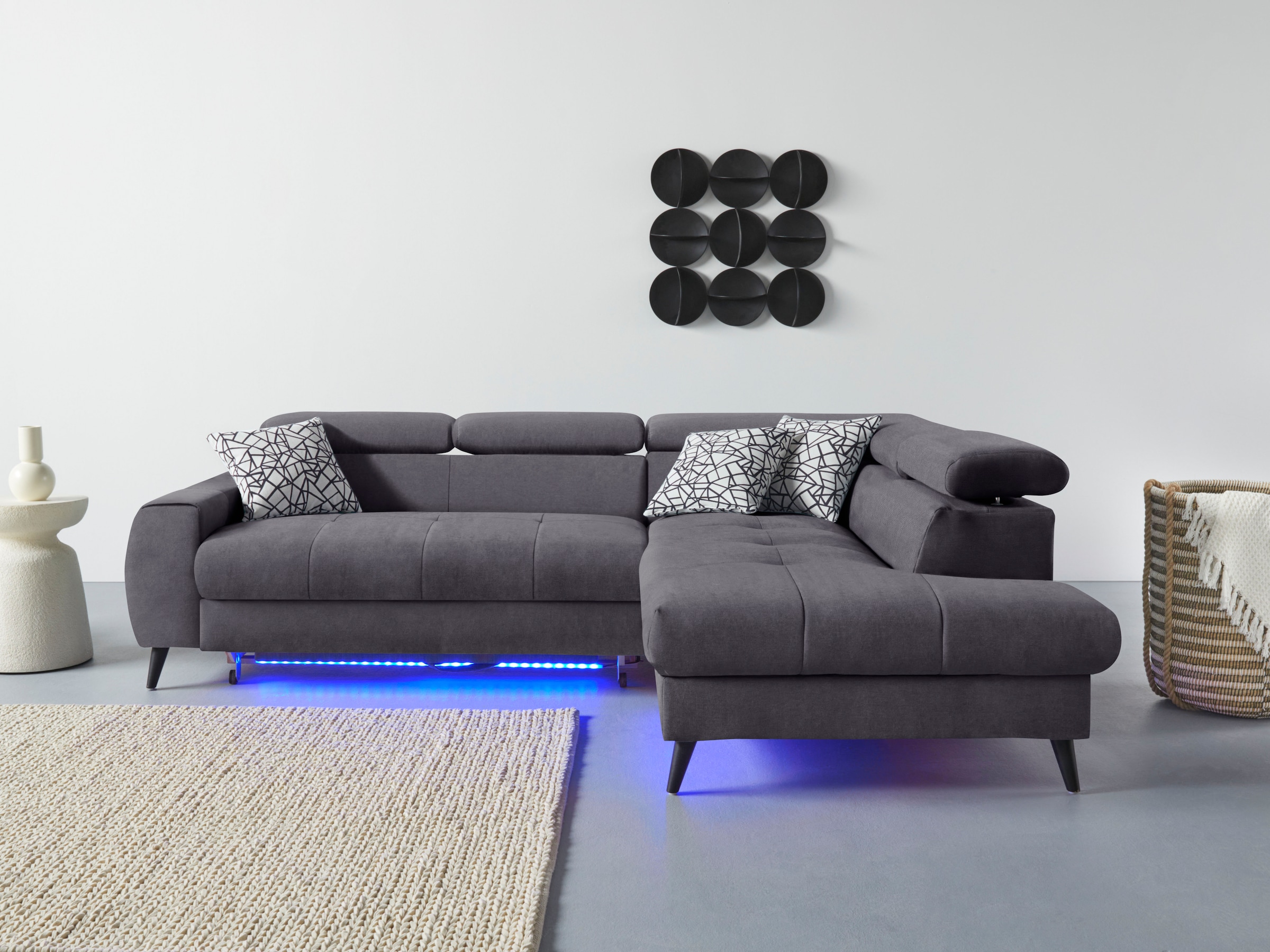 COTTA Ecksofa »Mia L-Form mit 3 Zierkissen« wahlweise mit Bettfunktion, Bettkasten, Beleuchtung & Wireless-Charger