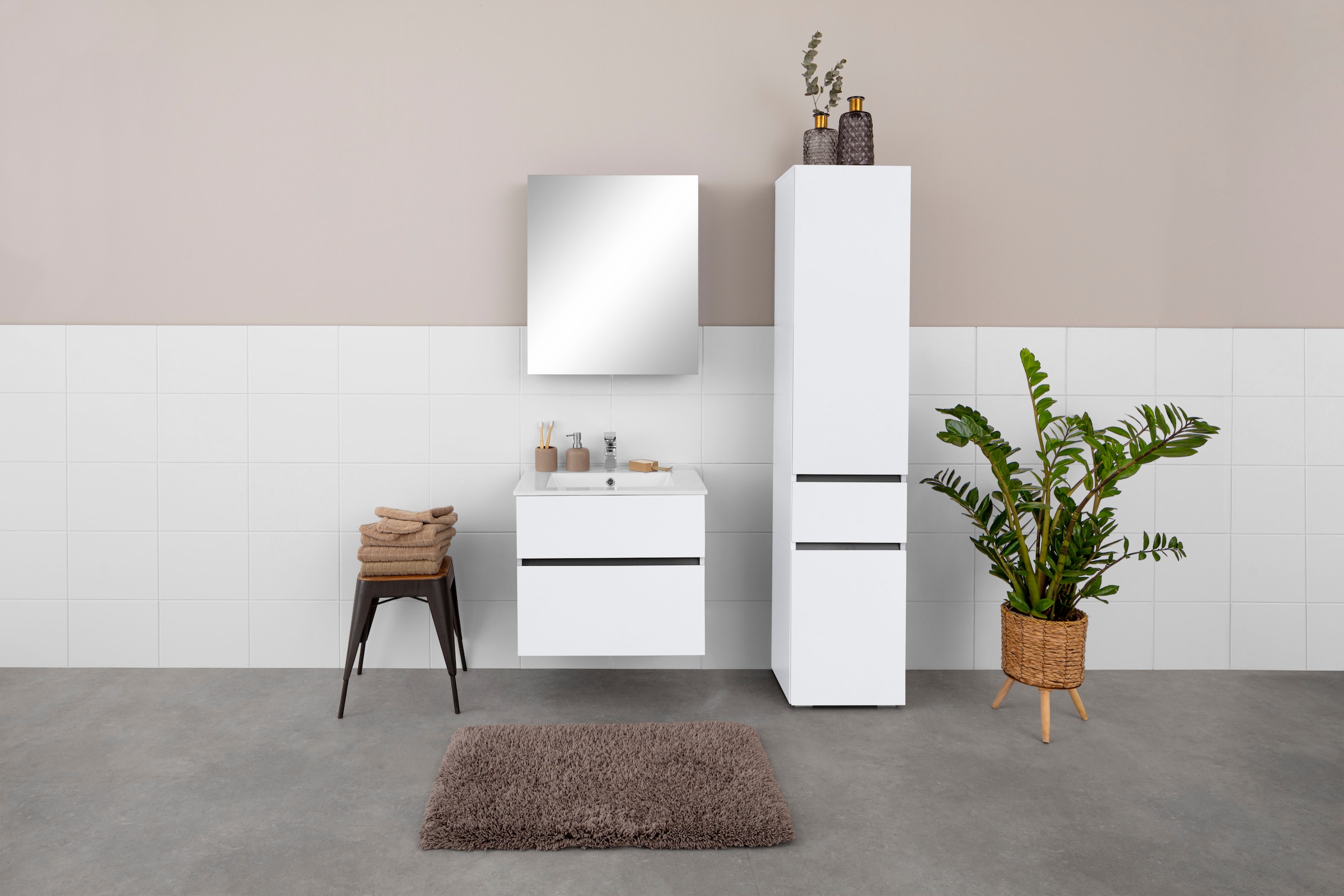 Home affaire Waschtisch »Wisla, Waschplatz, Badezimmerschrank«, Badmöbel für Wandmontage mit Klappe, Schublade und Keramik Waschbecken