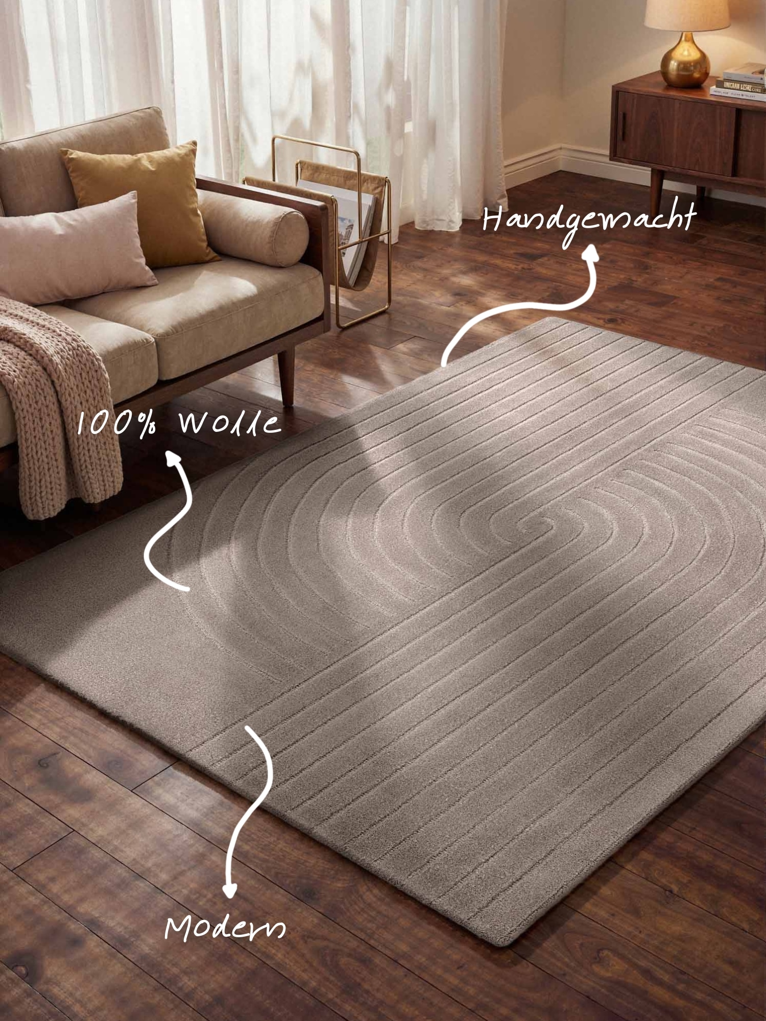 vikosa Wollteppich »Arcura« rechteckig 15 mm Höhe Wolle Handgemacht, Hoch-Tief-Effekt, Geometrisches Linien Wellendesign