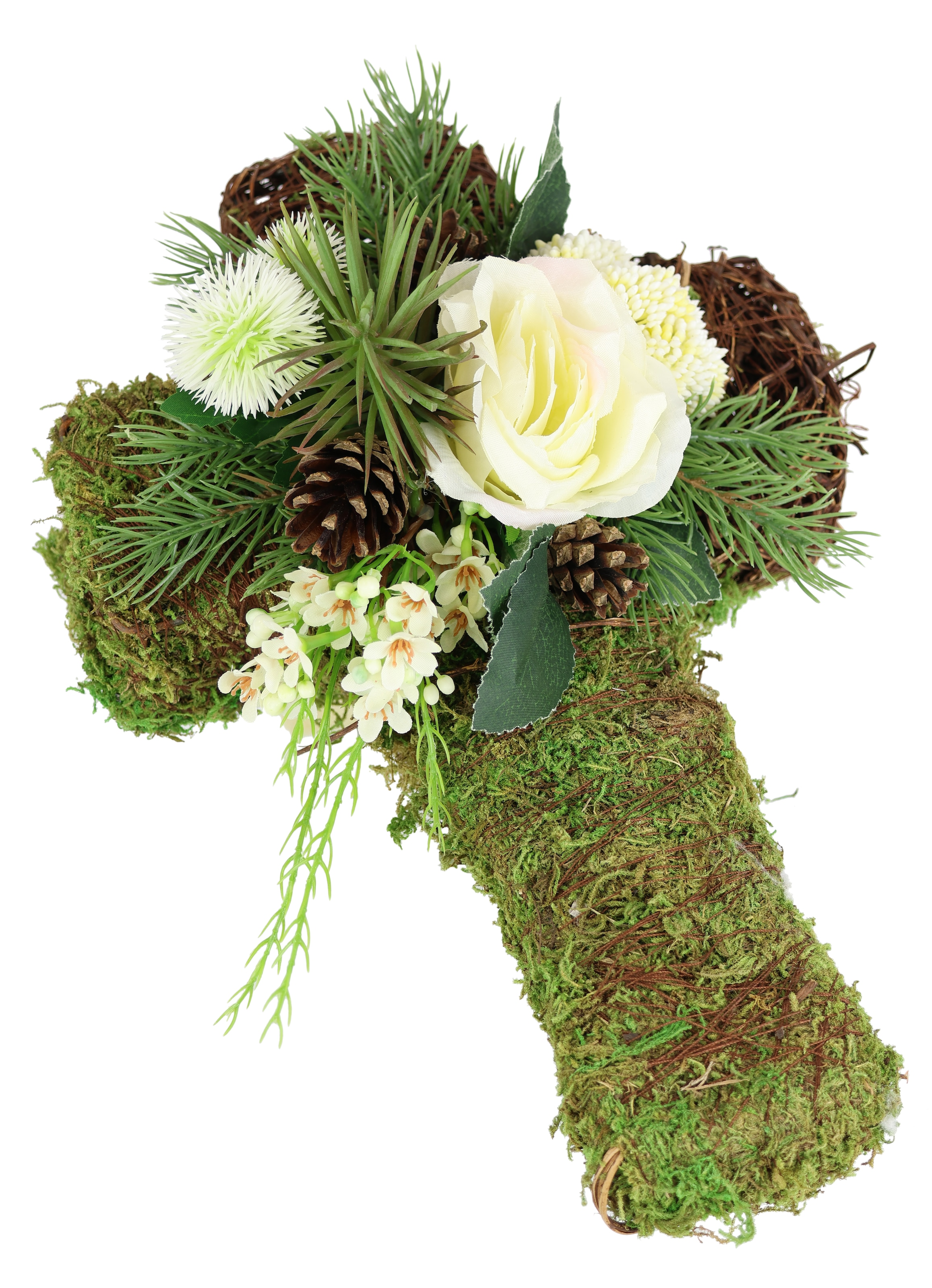 OTTO home Kunstblume »Gesteck mit Rosen auf Kreuz« Kreuzdekoration mit Kunstrosen, Zapfen und Ziergrün