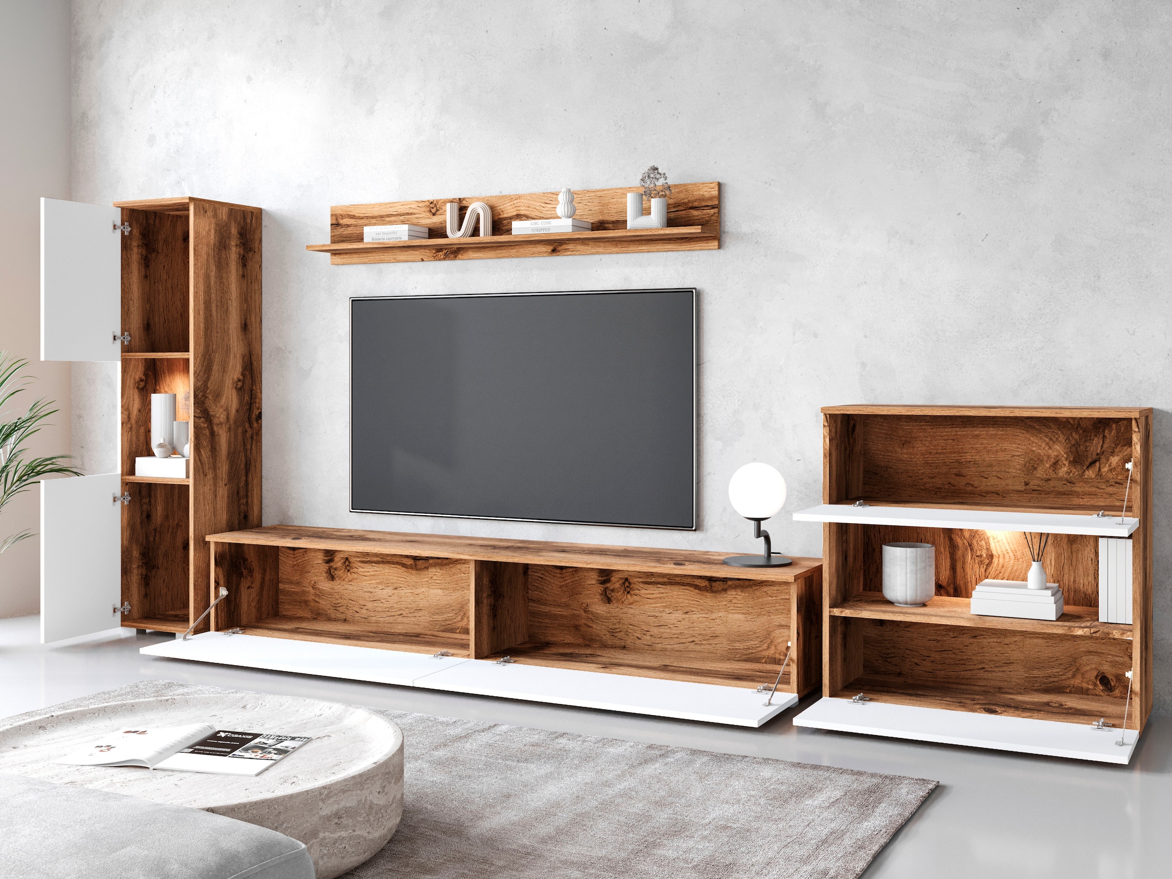 INOSIGN Wohnwand »PARIS«, (Komplett-Set, 4 St.), TV-Wand 300cm breite, grifflose Design, stehend und hängend montierbar