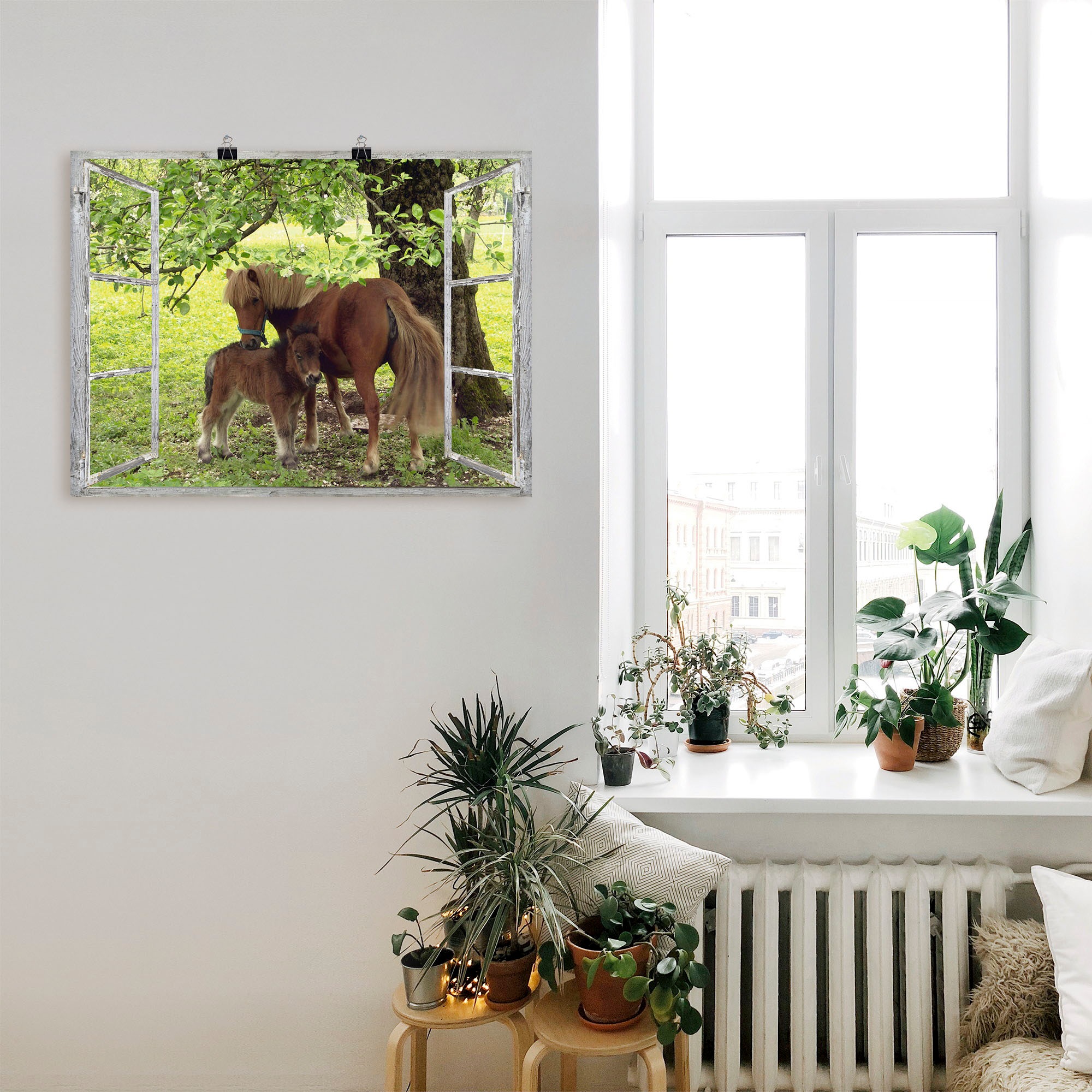 Artland Wandbild »Fensterblick - Pony mit Kind«, Haustiere, (1 St.), als Leinwandbild, Poster, Wandaufkleber in verschied. Größen