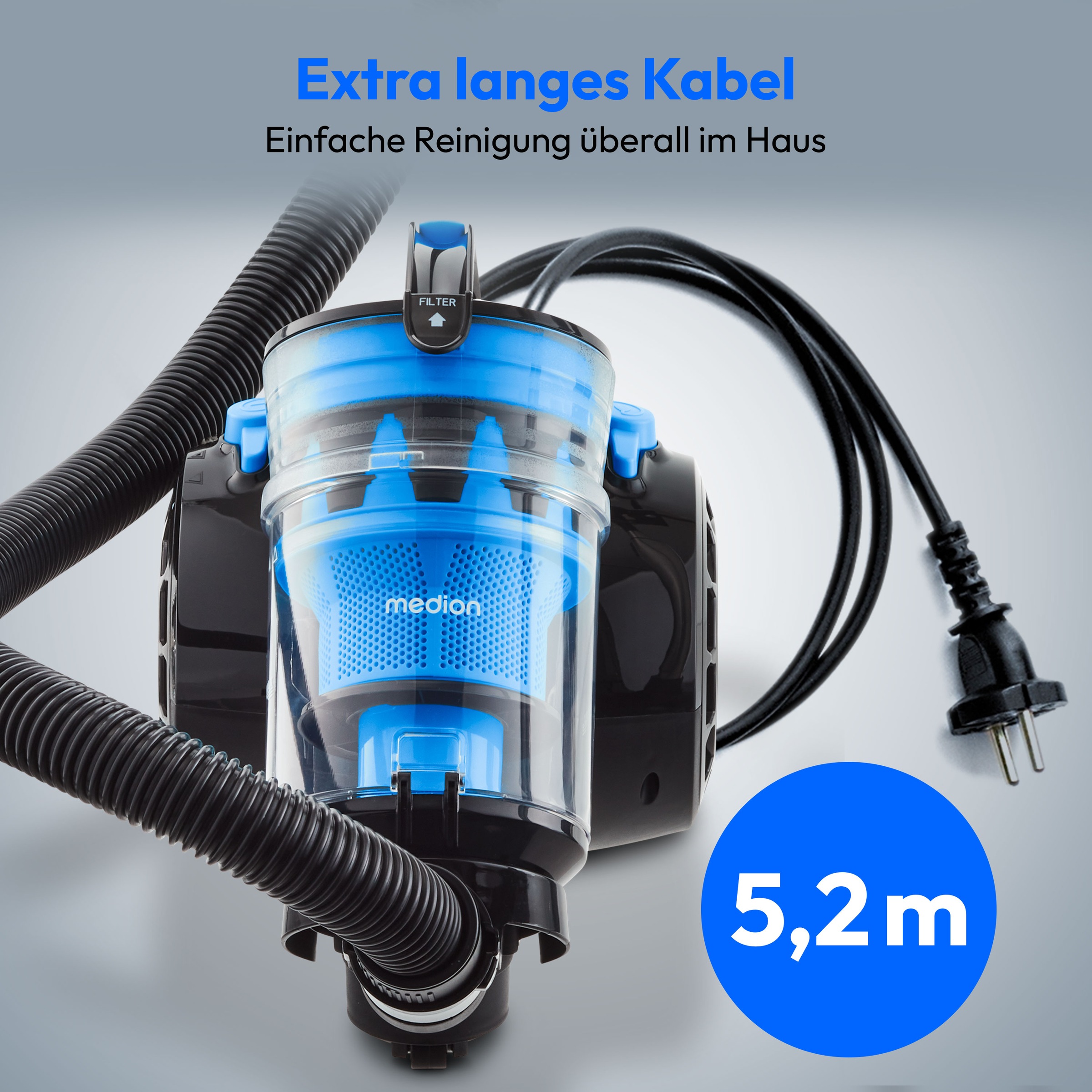 Medion® Bodenstaubsauger »P2000 (MD 11905), 21,5 kPa Saugleistung, 2L, Multizyklon-Technologie«, 700 W, beutellos, 5,2 Meter Kabellänge, HEPA 13 Filter, 72 dB, integriertes Zubehör