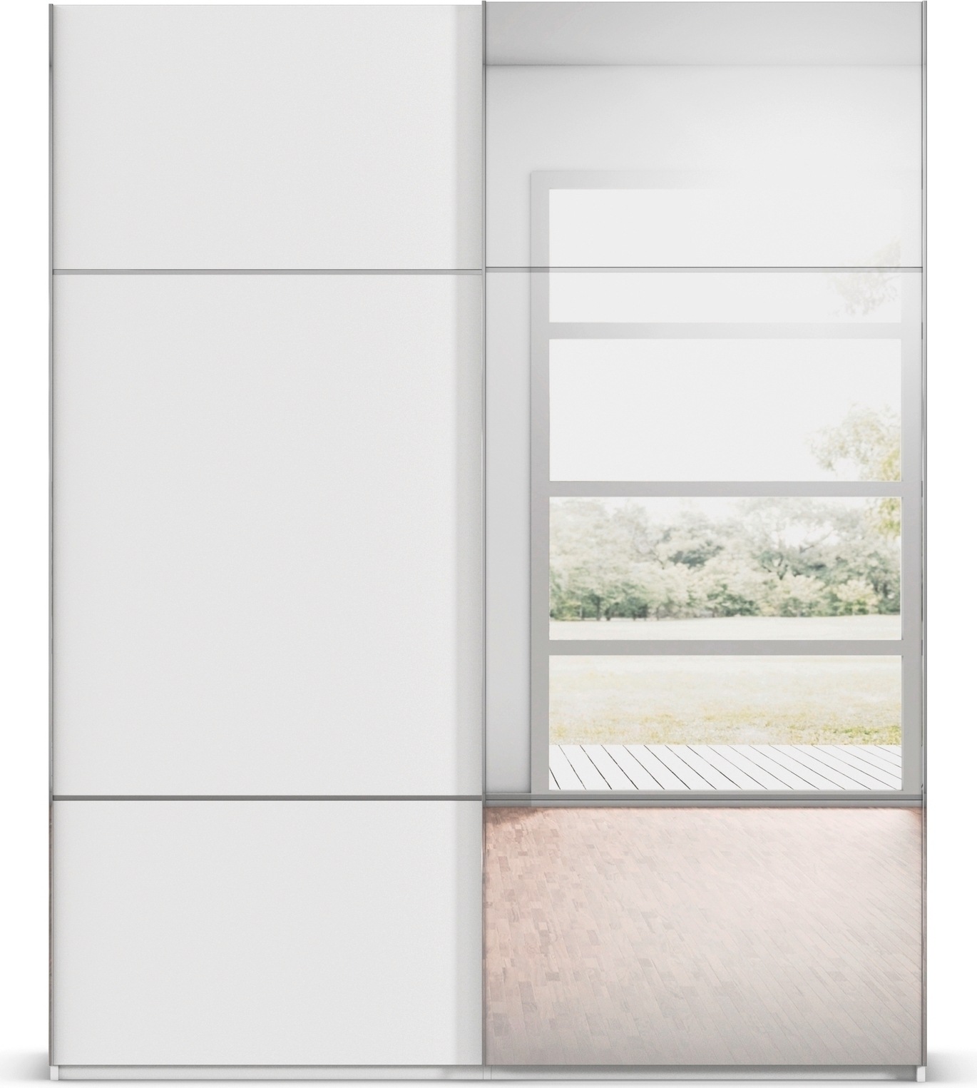 rauch Schwebetürenschrank »Kleiderschrank Schrank Garderobe Schlafzimmerschrank SCALE-TRIO«, edle dreigeteilte Front mit 2 Zierleisten Spiegel/Glas MADE IN GERMANY