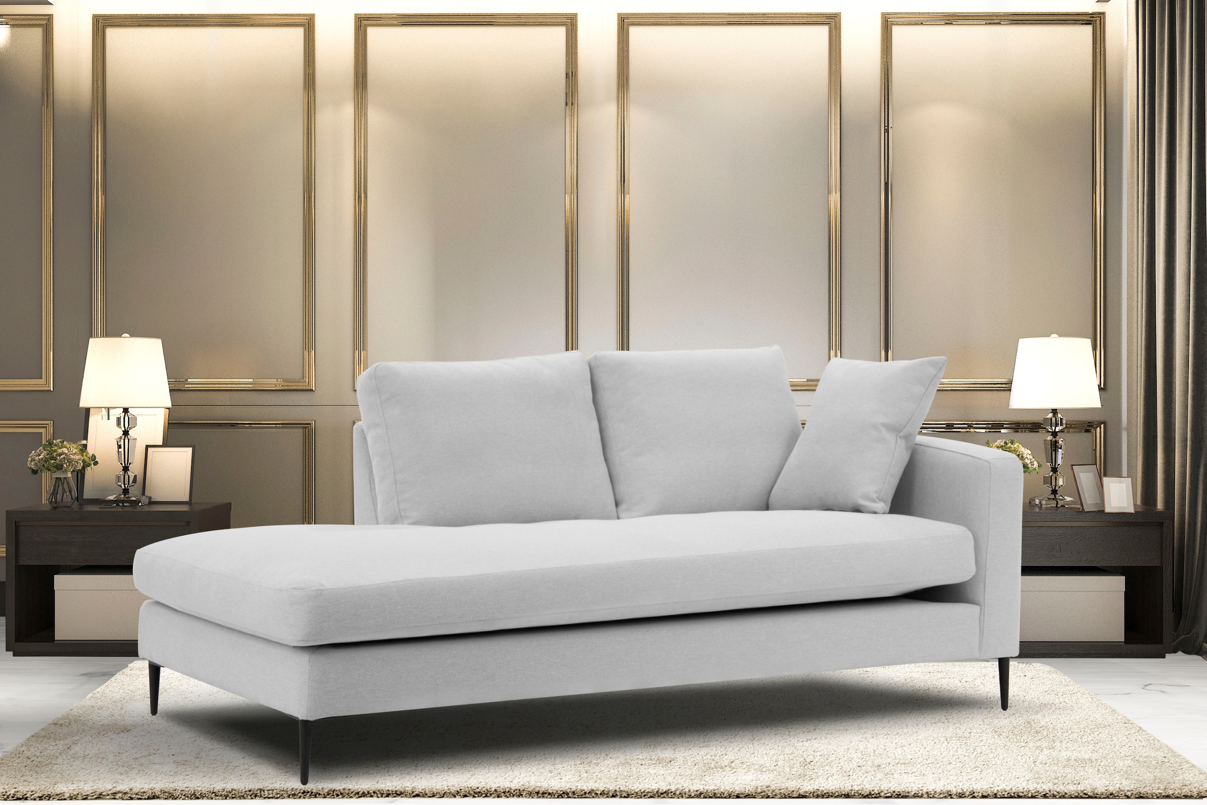 Leonique Recamiere »Cozy Chaiselongue, Maße B/T/H: 195/97/80 cm«, mit losen Kissen und Metallbeinen, Armlehne links oder rechts wählbar