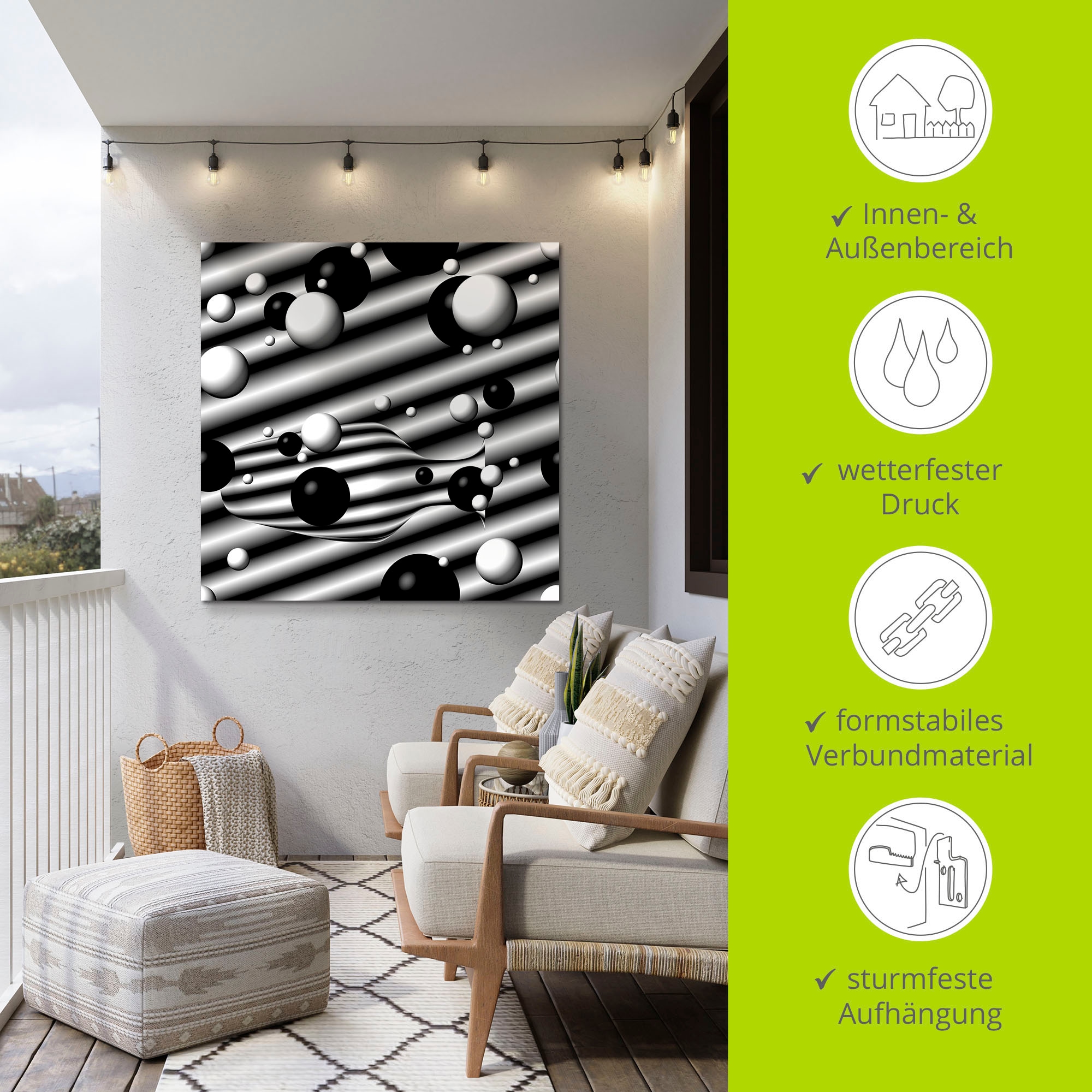 Artland Alu-Dibond-Druck »Bälle und Karaffe monochrom«, Muster, (1 St.), für Innen- und Außenbereich geeignet, Outdoorbild