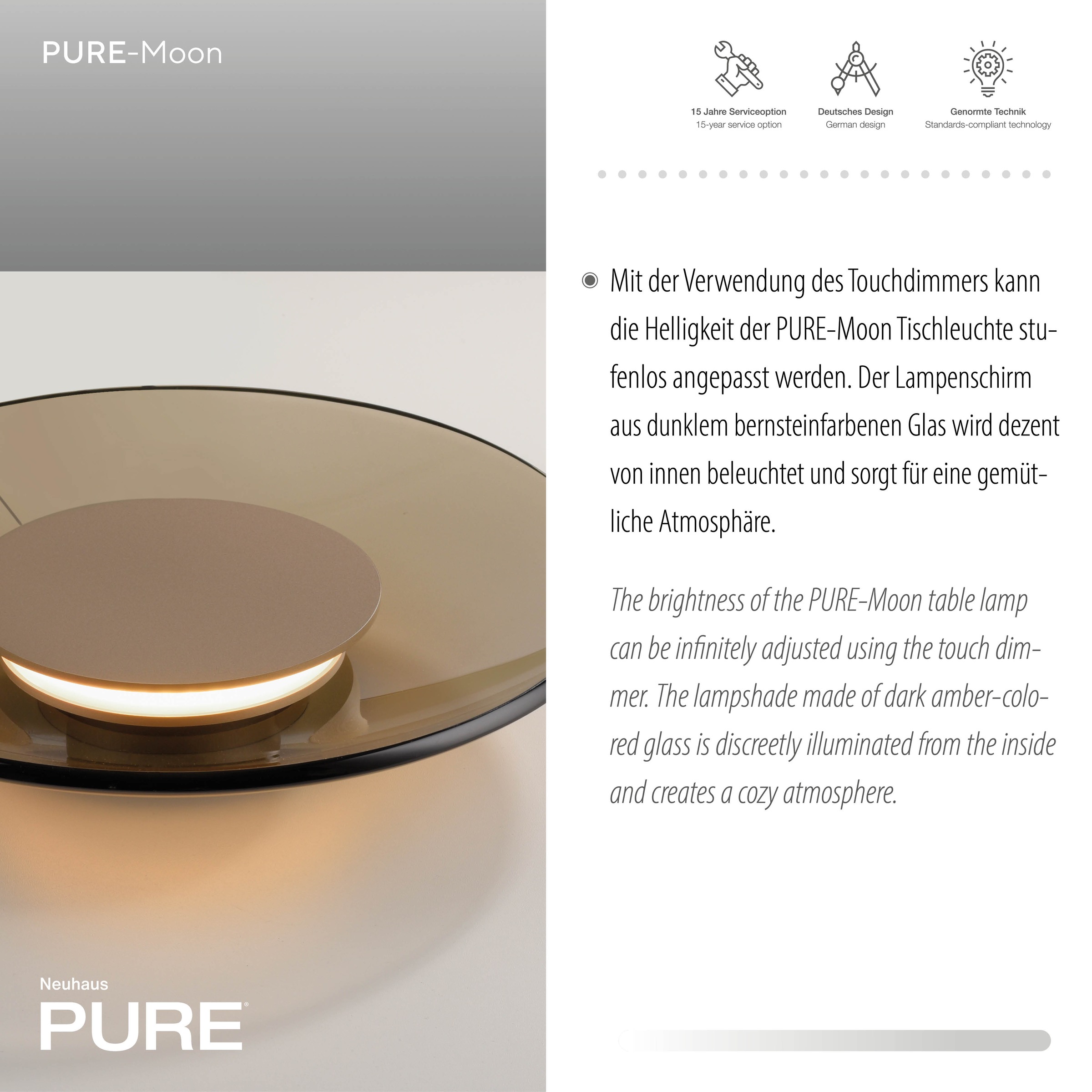 Neuhaus PURE LED Tischleuchte »PURE Moon« LED-Board 1 Stk. Warmweiß Stufenloses dimmen per Touchdimmer, Glas amberfarben