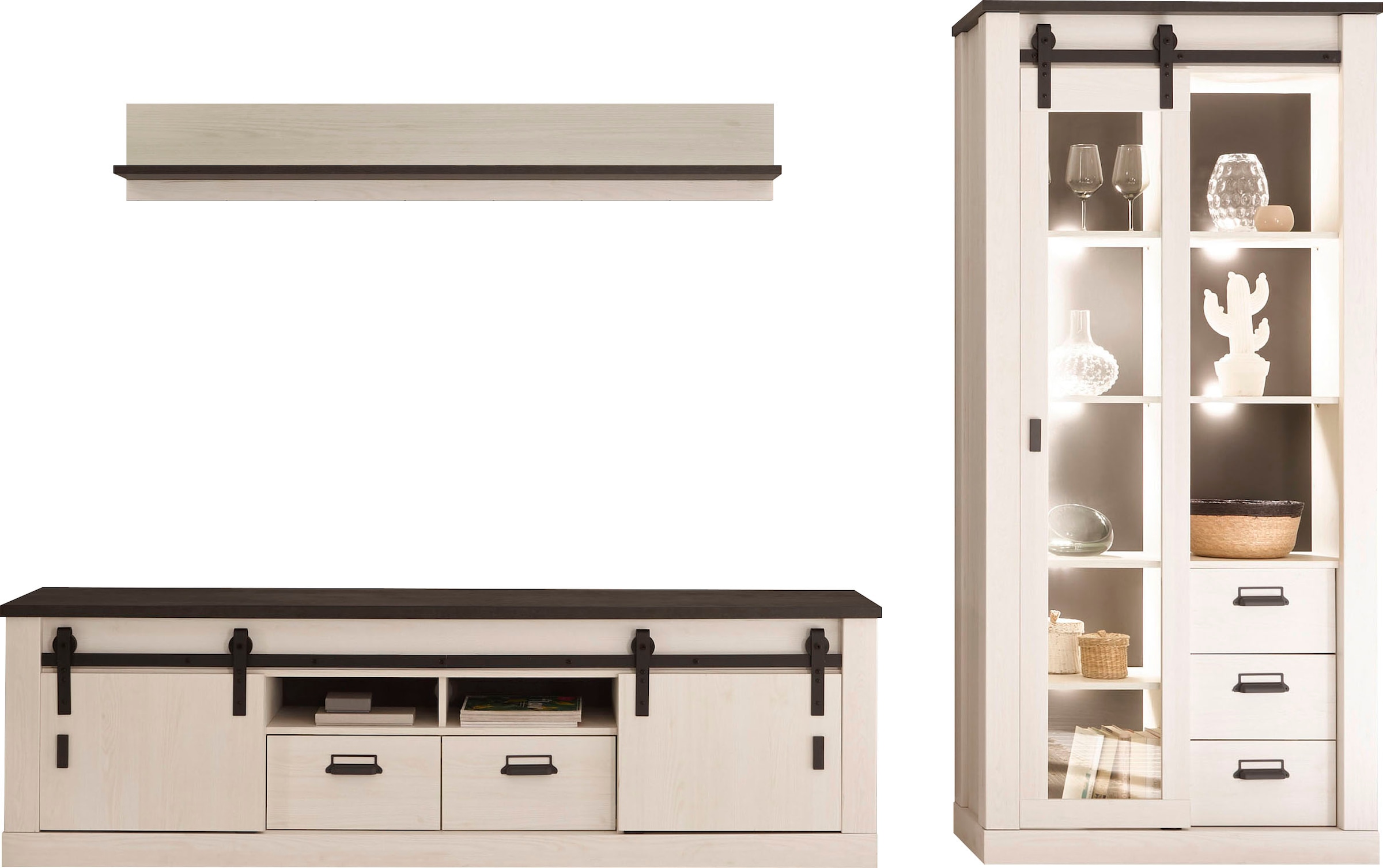 Home affaire Wohnwand »SHERWOOD«, (3 St.), Scheunentorbeschlag und Apothekergriffe aus Metall, Höhe 201 cm