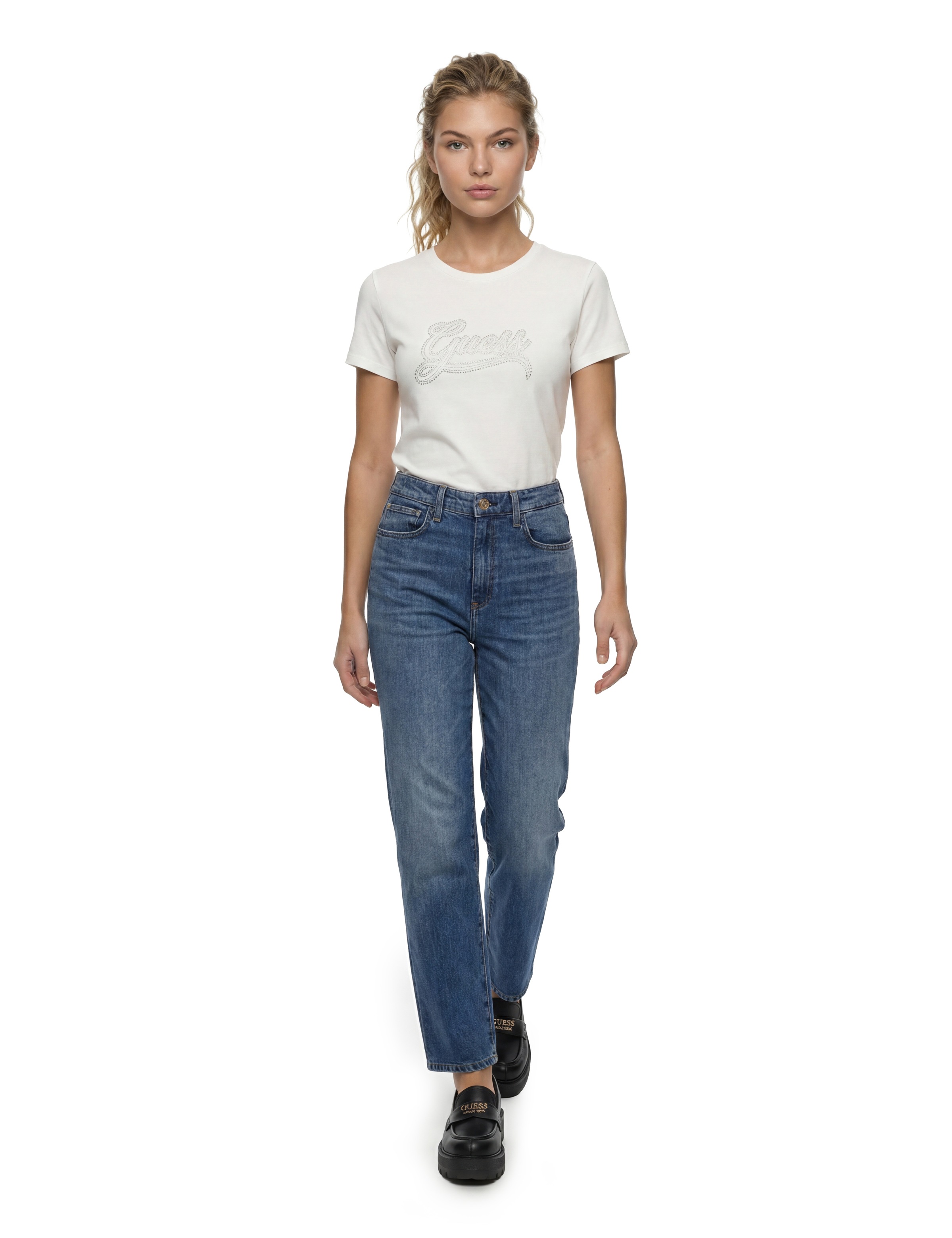 Guess T-Shirt »SS GUESS STUD LOGO EASY TEE« mit Nietenbesatz, Regular Fit
