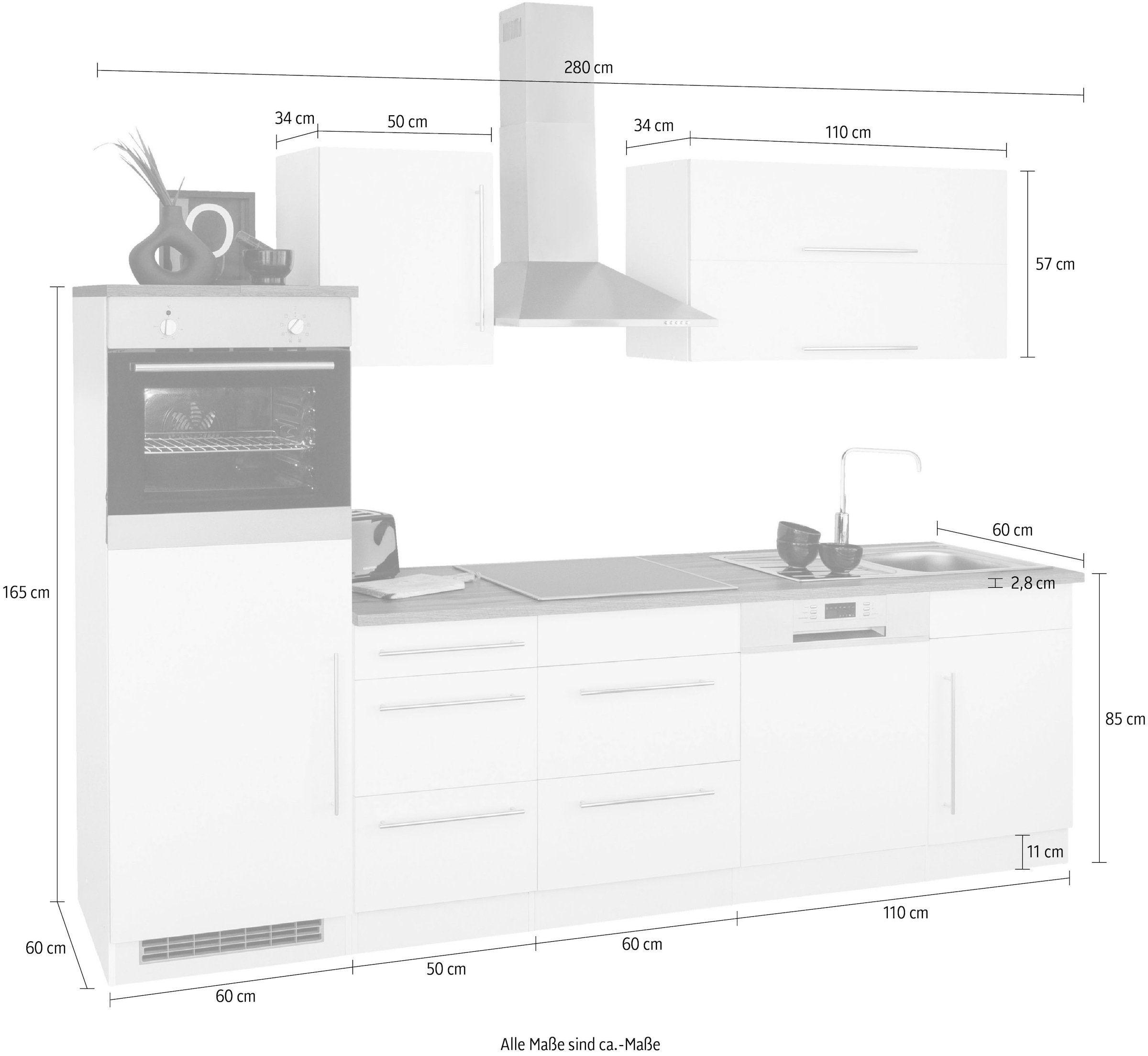 HELD MÖBEL Küchenzeile »Samos«, mit E-Geräten, Breite 280 cm online  bestellen | Küchenzeilen mit Geräten