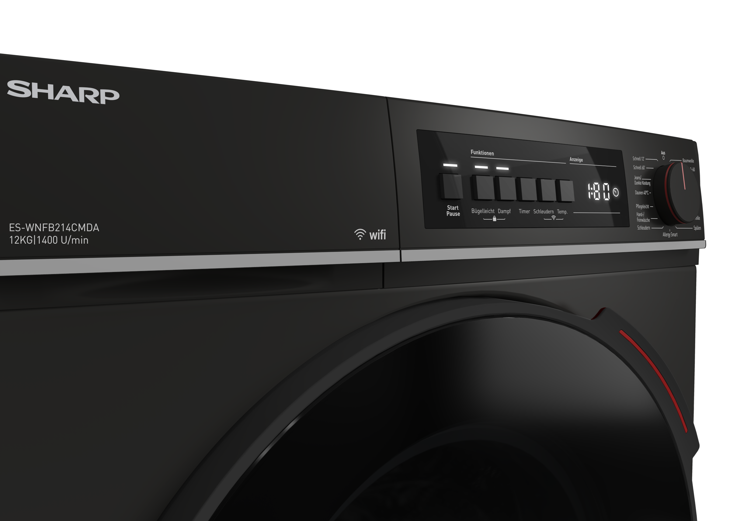Sharp Waschmaschine Mid Class »ES-WNFB214CMDA-DE«, 12 kg, 1400 U/min, 12kg / +WIFI / A-20% / black Doorring+knob/Steam/
Mat Black