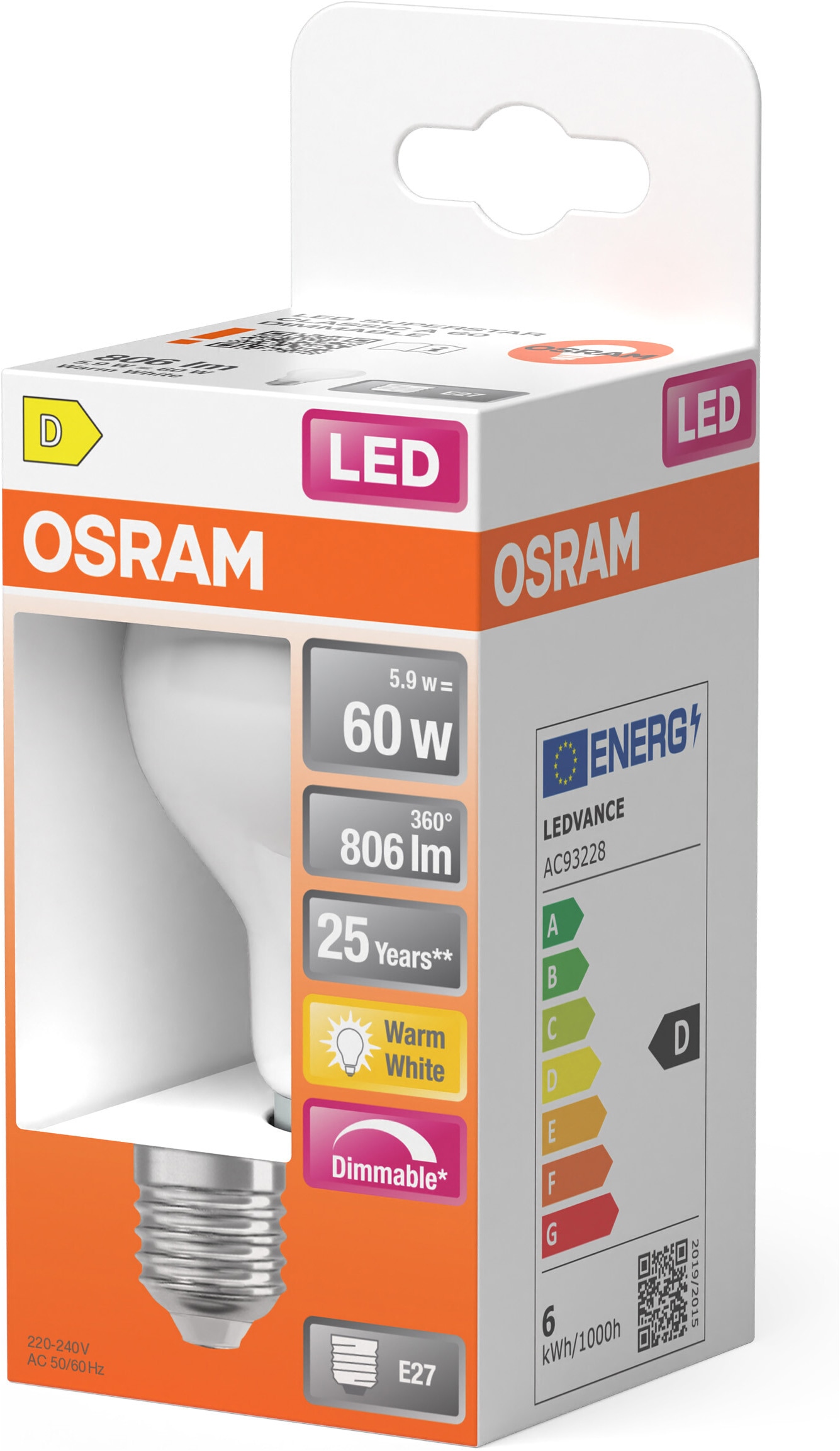 Osram LED-Leuchtmittel »LED-Lampe Superstar Kolbenform A60« E27 1 Stk. Warmweiß