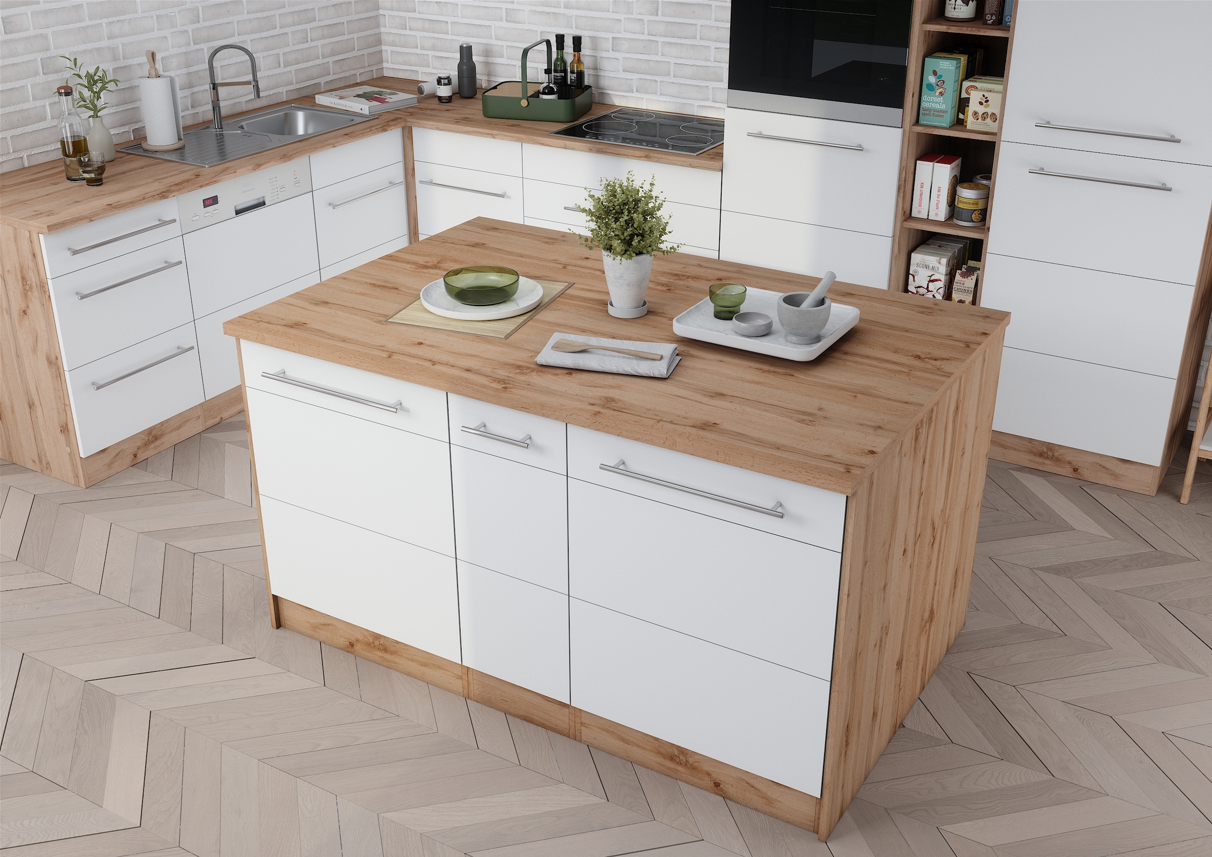 KOCHSTATION Kücheninsel »KS-Wien«, Breite 153 cm, MDF-Fronten, Flaschenregal