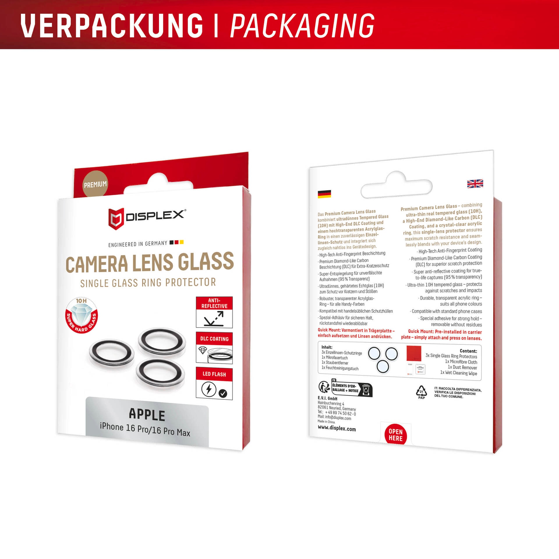 Displex Kameraschutzglas »Camera Lens Glass Single Glass Ring Protector« für Apple iPhone 16 Pro;Apple iPhone 16 Pro Max Packung, 2x Einzellinsen-Schutzringe,  Objektivschutz, Kameraschutz, kratz- & stoßfest