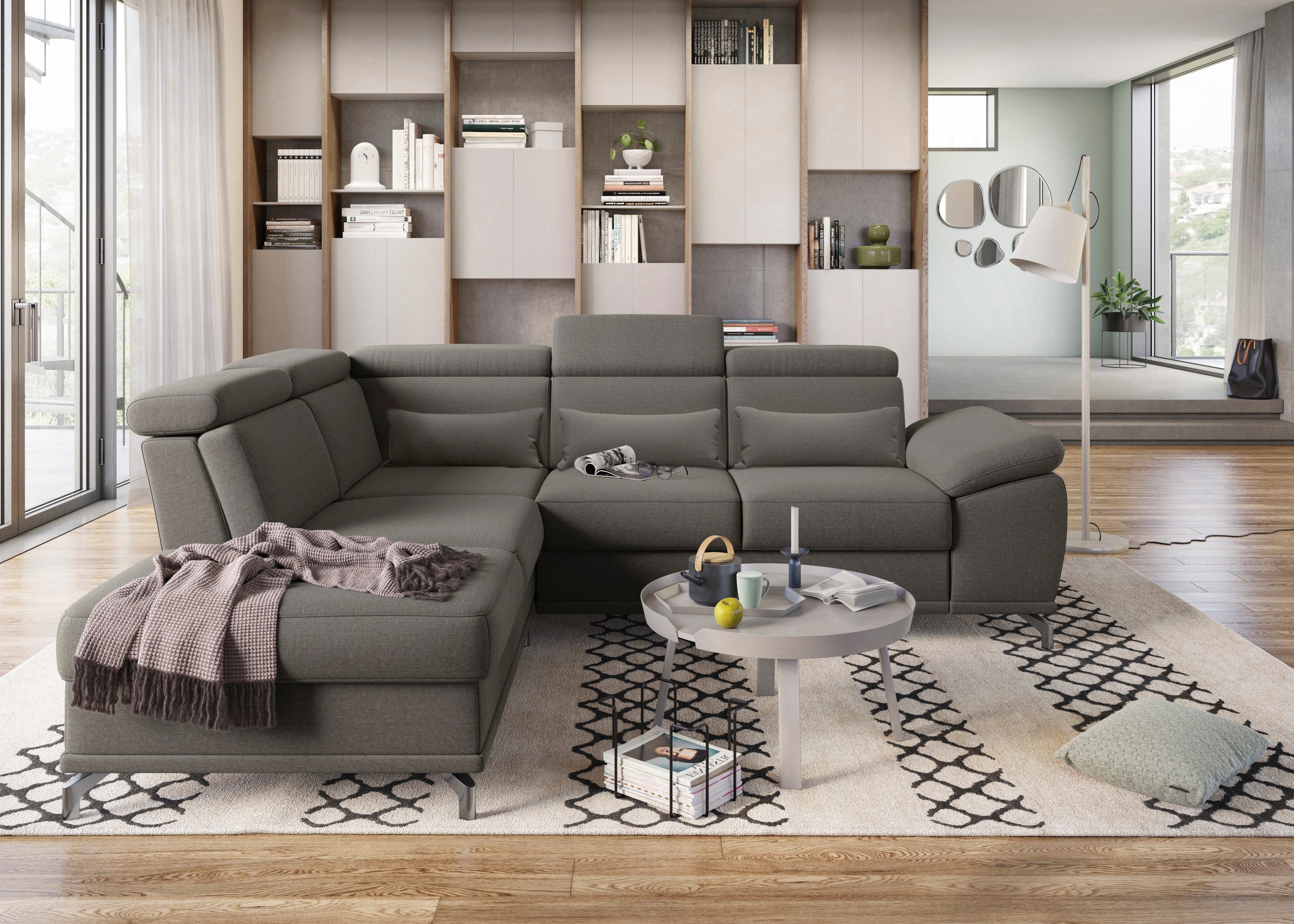 sit&more Ecksofa »Cabrio L-Form, mit Sitztiefenverstellung, Arm- und Kopfteilverstellung«, 3 Nierenkissen, Federkern, optional Bettfunktion und Stauraum