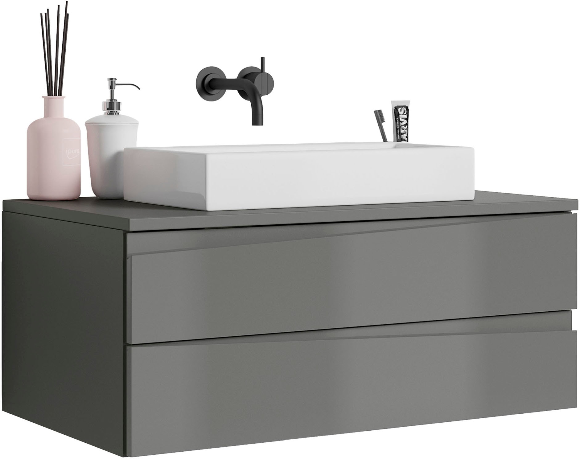 byLIVING Waschbeckenschrank »Shape«, (1 St.), für Aufsatzbecken mit asymetrischer Hochglanz Front, 2 Schubkästen