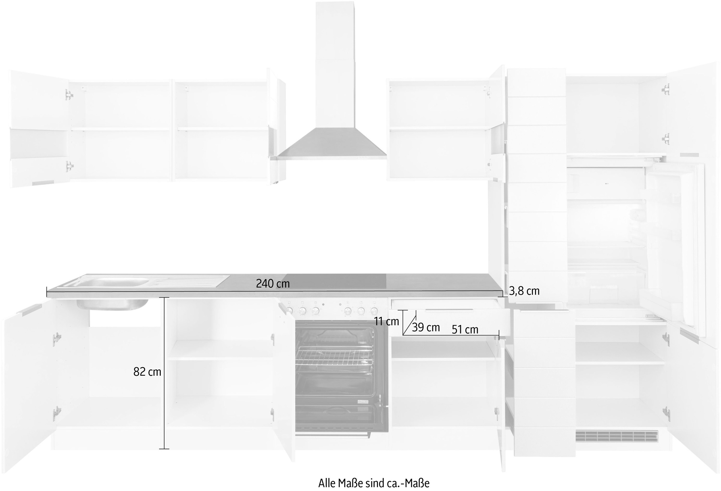KOCHSTATION Küchenzeile »KS-Luhe«, 330 cm breit, wahlweise mit oder ohne E-Geräten, gefräste MDF-Fronten