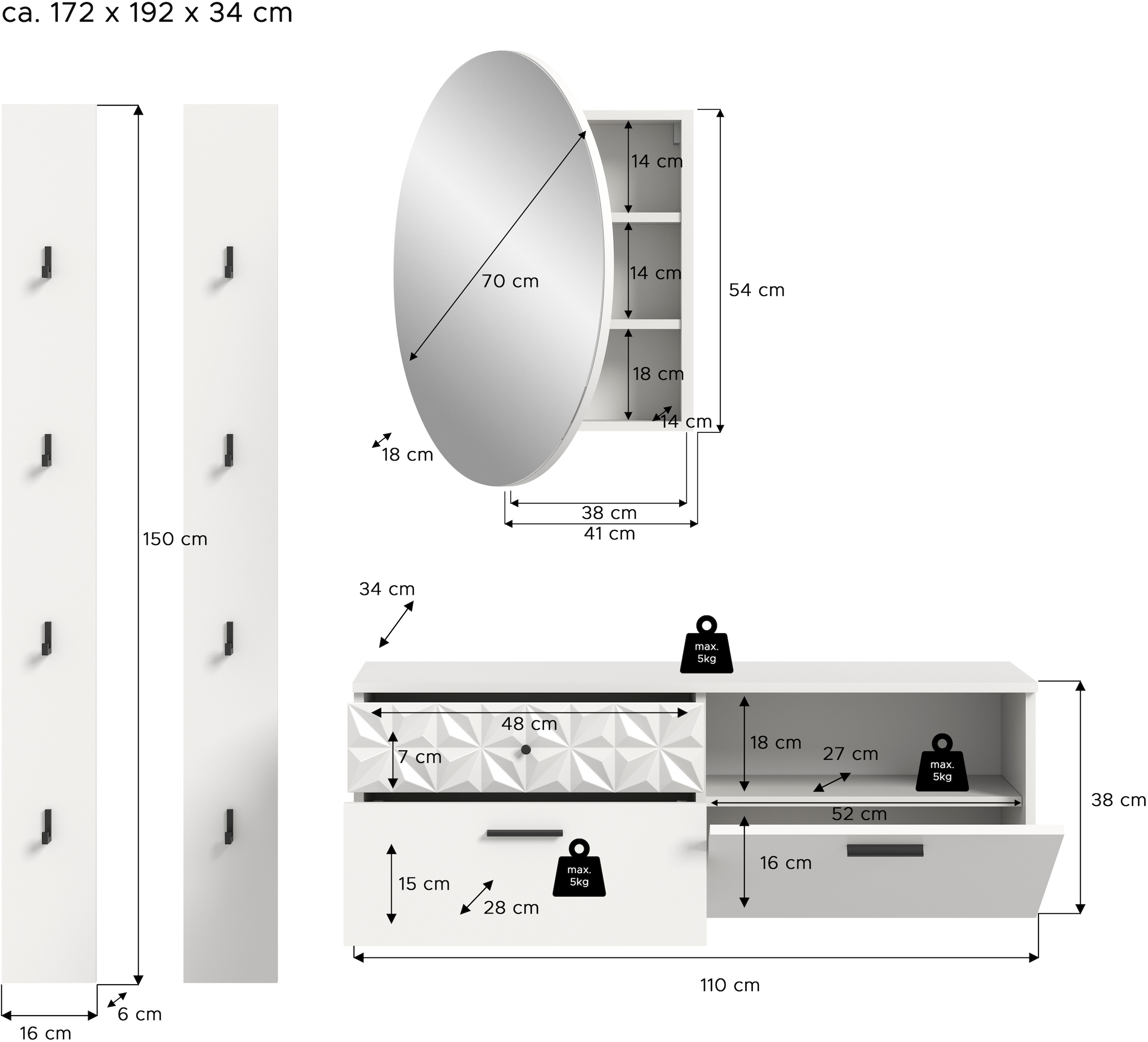 INOSIGN Garderoben-Set »VICENZA, 4-tlg., mit foraler Ornamentabsetzung in der Front«, (4 St.), best. aus.: Schuhschrank, Spiegelschrank und 2x Hakenpaneel