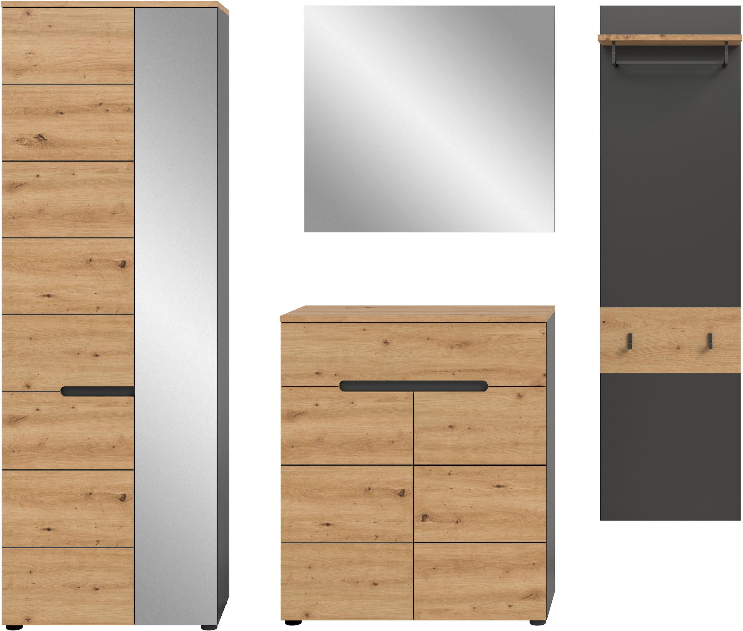 INOSIGN Garderoben-Set, (Set, 4 St., bestehend aus: Garderobenschrank, Kommode, Spiegel & Garderobenpaneel), Garderobenkombination, Kombination, Set, Flurgarderobe, Diele